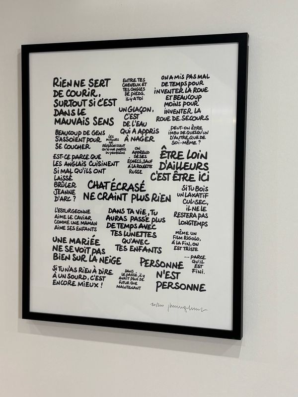 Geluck, Le chat, Sérigraphie encadrée, Les Mots, Rien ne sert de courir, 200 ex, 59 x 73 cm.