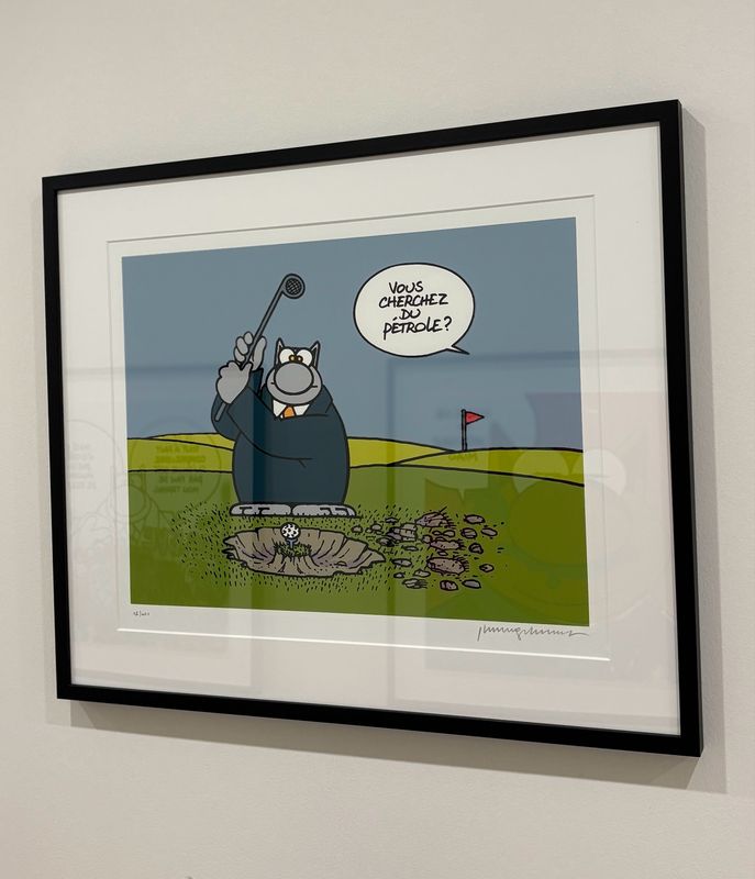 Geluck, Le Chat, Sérigraphie encadrée, Golf pétrole , 400 ex, 63 x 53 cm.