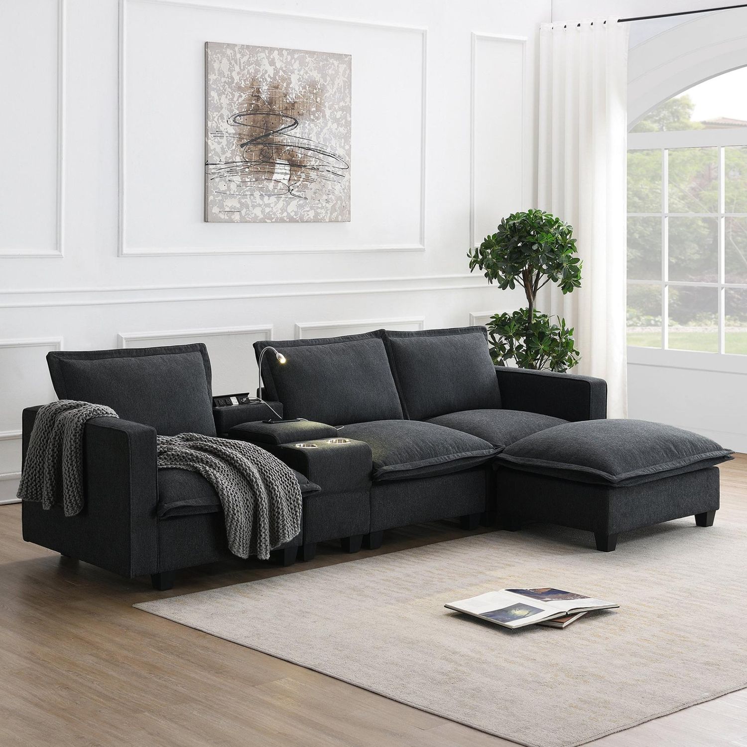 109*57&quot;Modern Sectional Cloud Sofa with Console,USB Charging Port,Reading