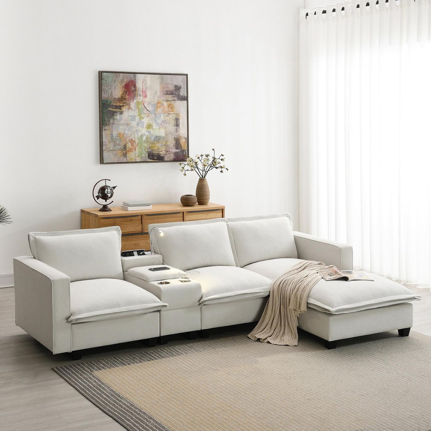 109*57&quot; Modern Sectional Cloud Sofa with Console,USB charger,Reading Light,Cup