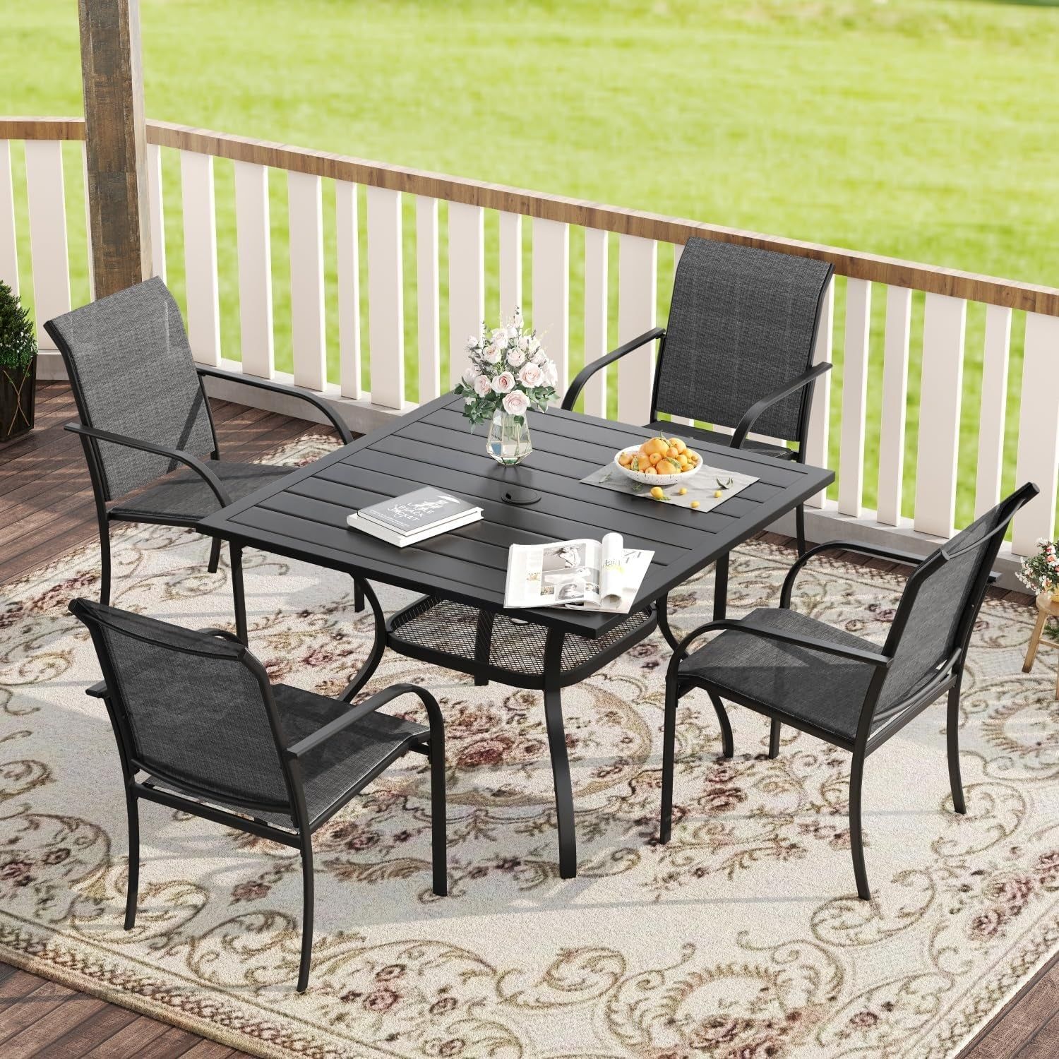 5 Pieces Patio Dining Set, Outdoor Furniture Set Includes 1 Square Patio Table and 4 Stackable Patio Sling Chairs, Outdoor Table and Chairs for Outsides, Black Table and Grey Chairs
