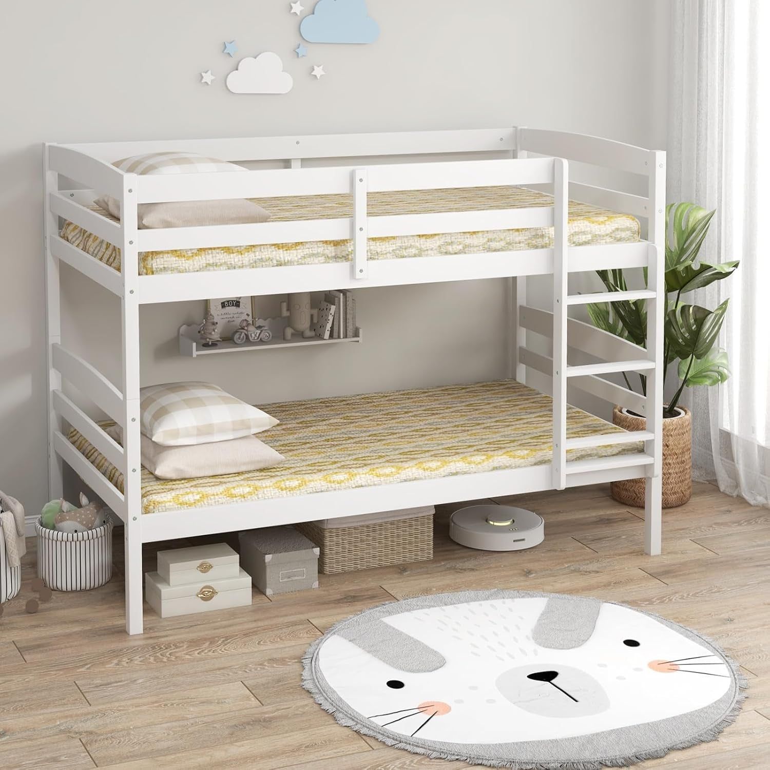 Bunk Bed Twin over Twin, Solid Wood Detachable Bed Frame with High Guardrails &amp; Integrated Ladder, Wooden Slatted Bunk Bed for Kids &amp; Teens, No Box Spring Needed, White