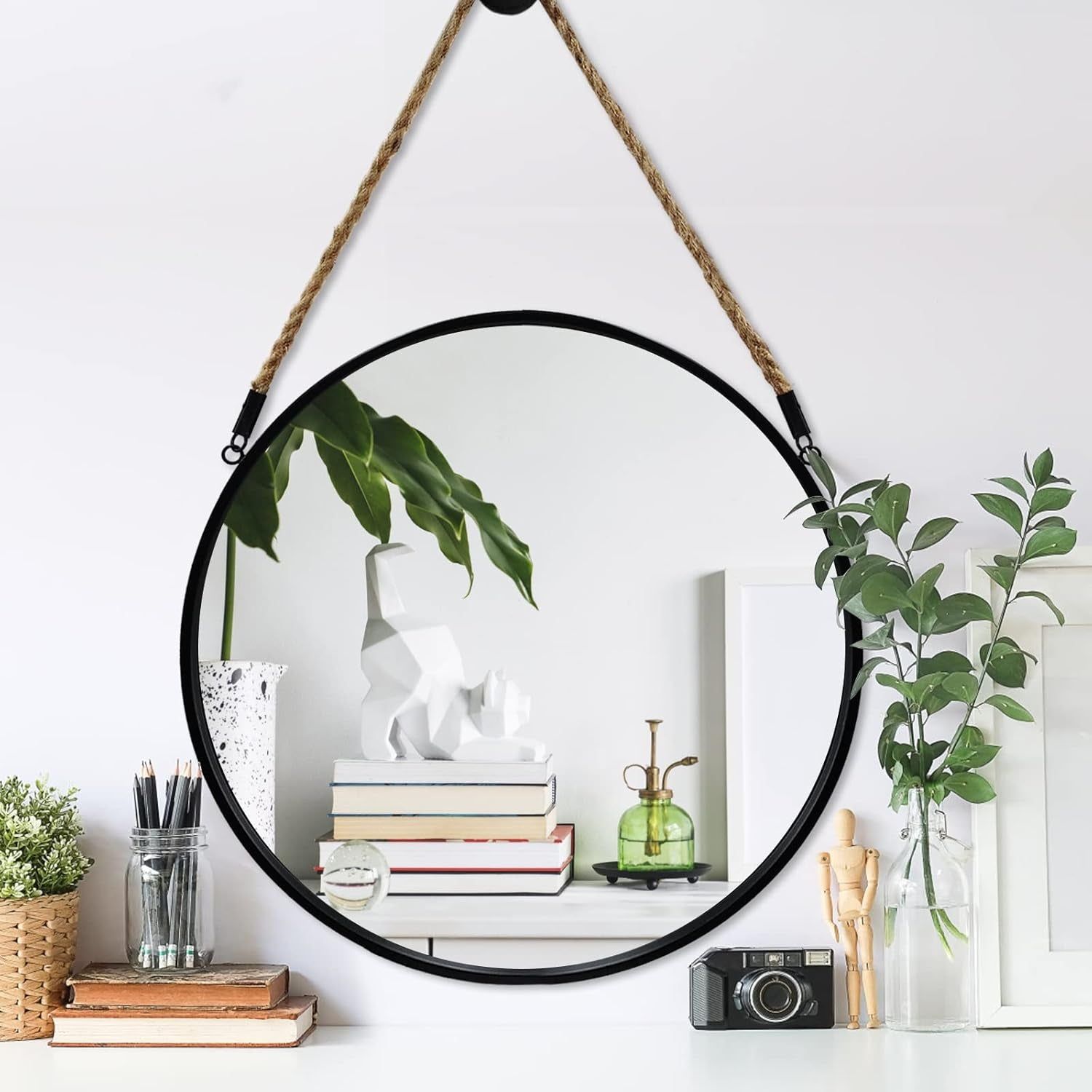 round Hanging Mirror - Wall Mirrors Decorative 20&quot; Rope Mirror Black Metal Frame Circle Mirror Farmhouse Wall Mounted Mirror for Bathroom, Bedroom, Living Room, Entryway, Home Decor