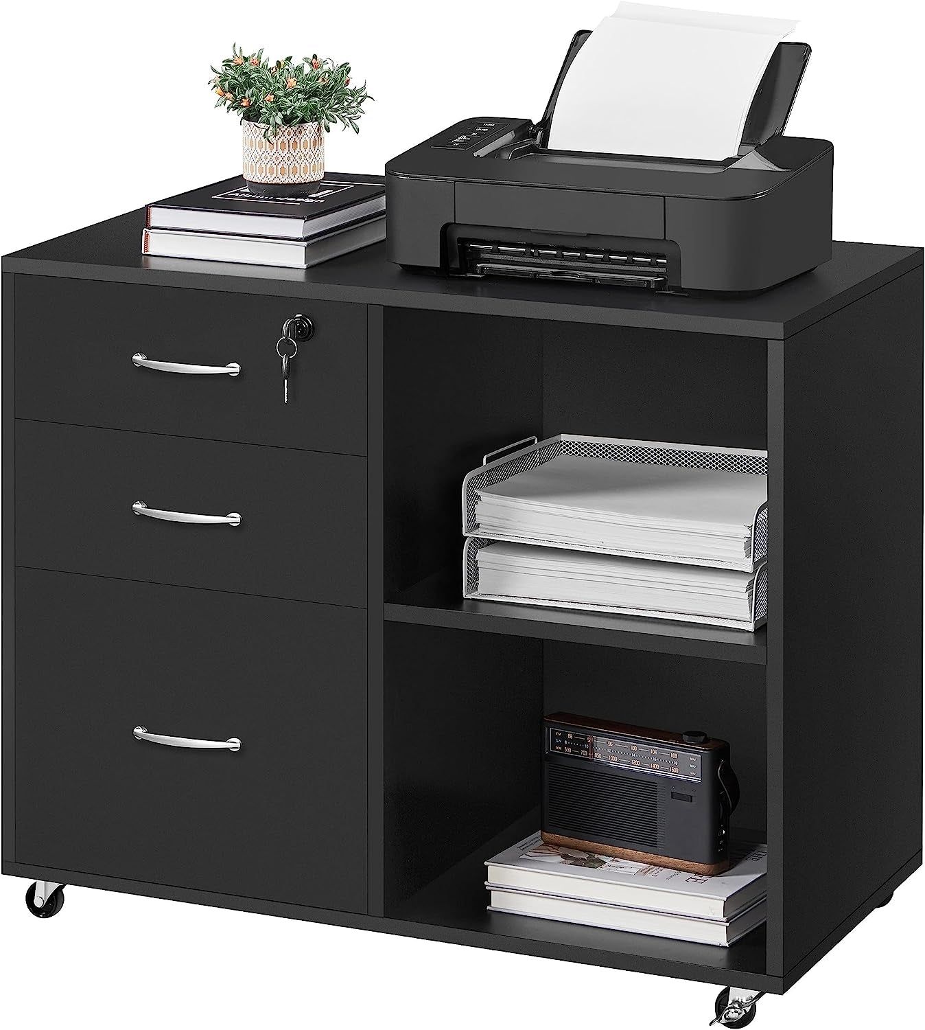 3-Drawer File Cabinet, Mobile Lateral Filing Cabinet Printer Stand with Open Storage Shelves under Desk Organization for Home Office, Black