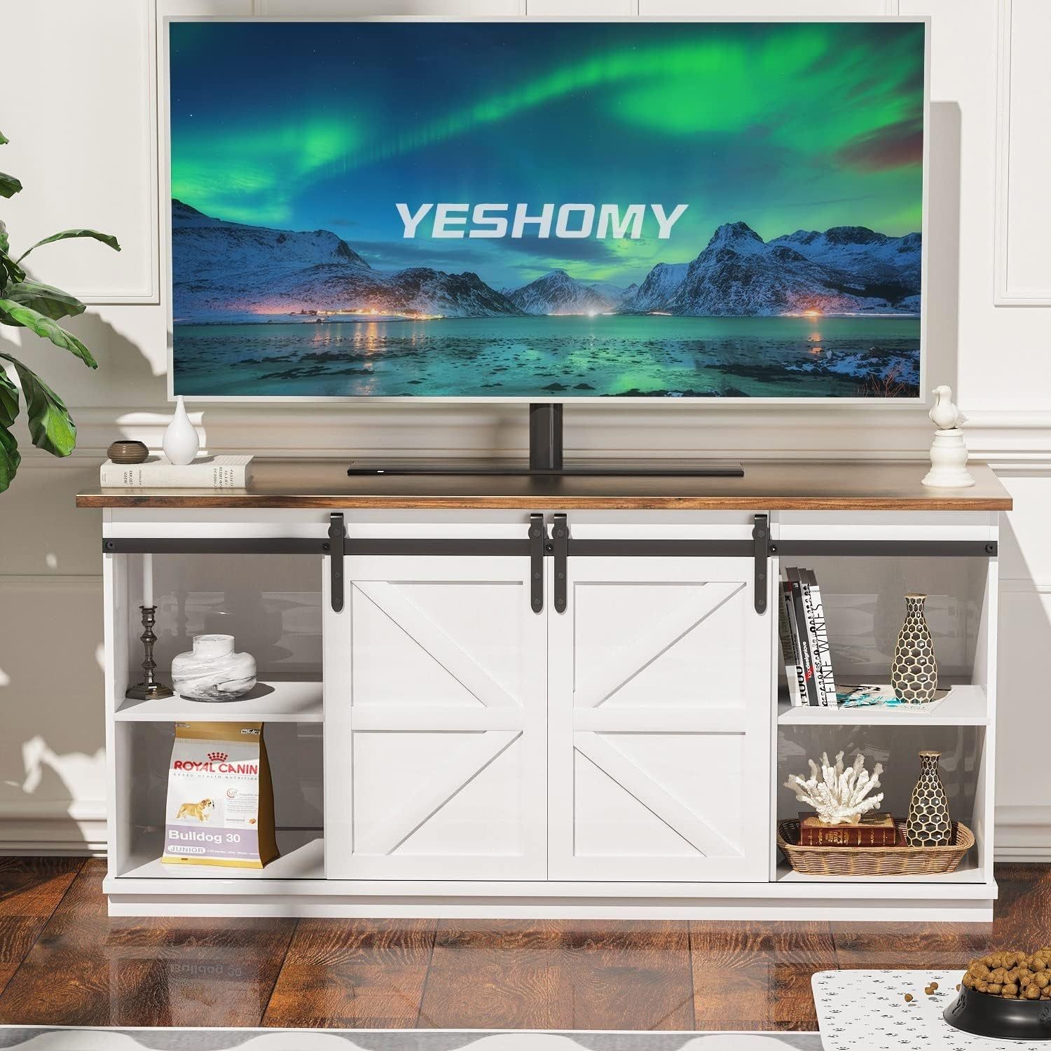 White Farmhouse TV Stand with Sliding Barn Doors