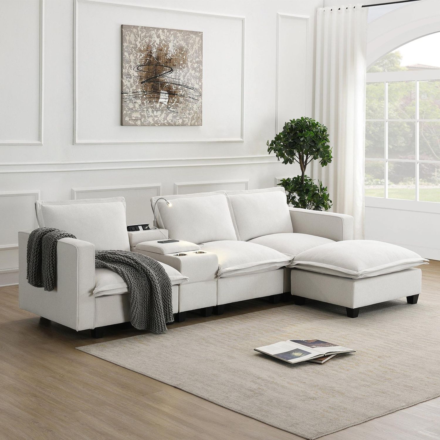 109*57&quot;Modern Sectional Cloud Sofa with Console,USB Charging Port,Reading