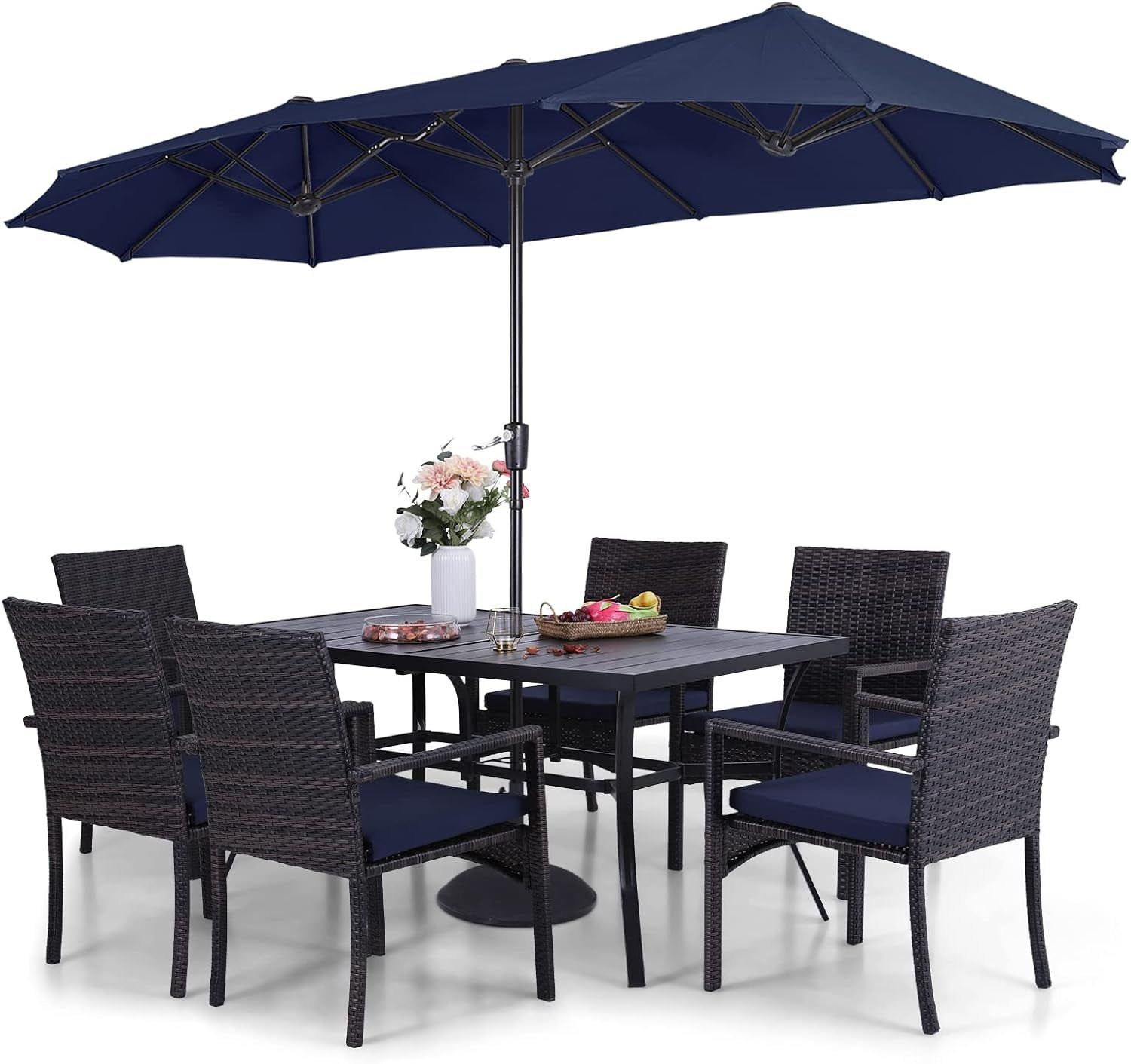 Patio Outdoor Table and Chairs Set with Umbrella Navy, Patio Dining Sets for 6, 7 Pieces Patio Table Set Clearance for Backyard Deck Porch Outside, Metal Table with Hole &amp; Cushioned Rattan Chairs