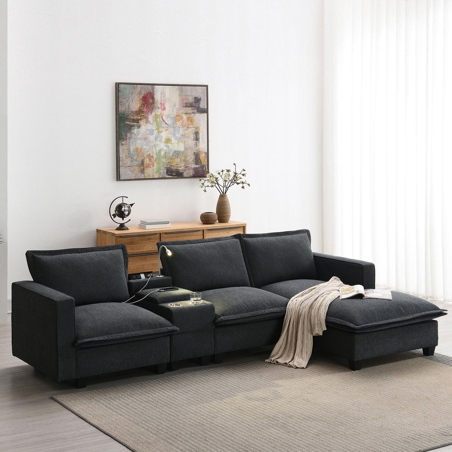 109*57&quot; Modern Sectional Cloud Sofa with Console,USB charger,Reading Light,Cup