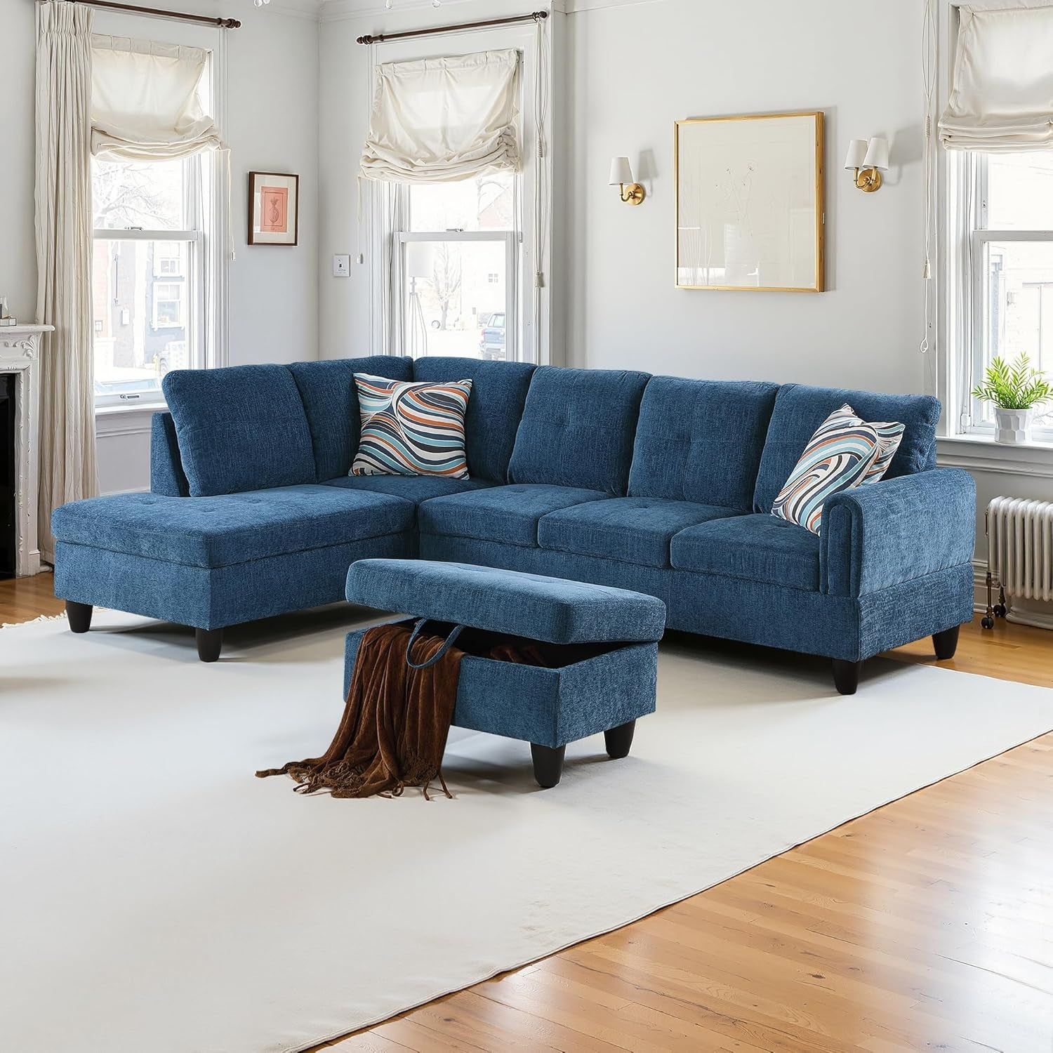 Sectional Couch 3 Pieces Sofa Set with Right Chaise Flannel L Shaped Cloud Couch for Living Room Furniture Sets with Storage Ottoman, Modular Sofa for Living Room &amp; Apartment, Dark Blue