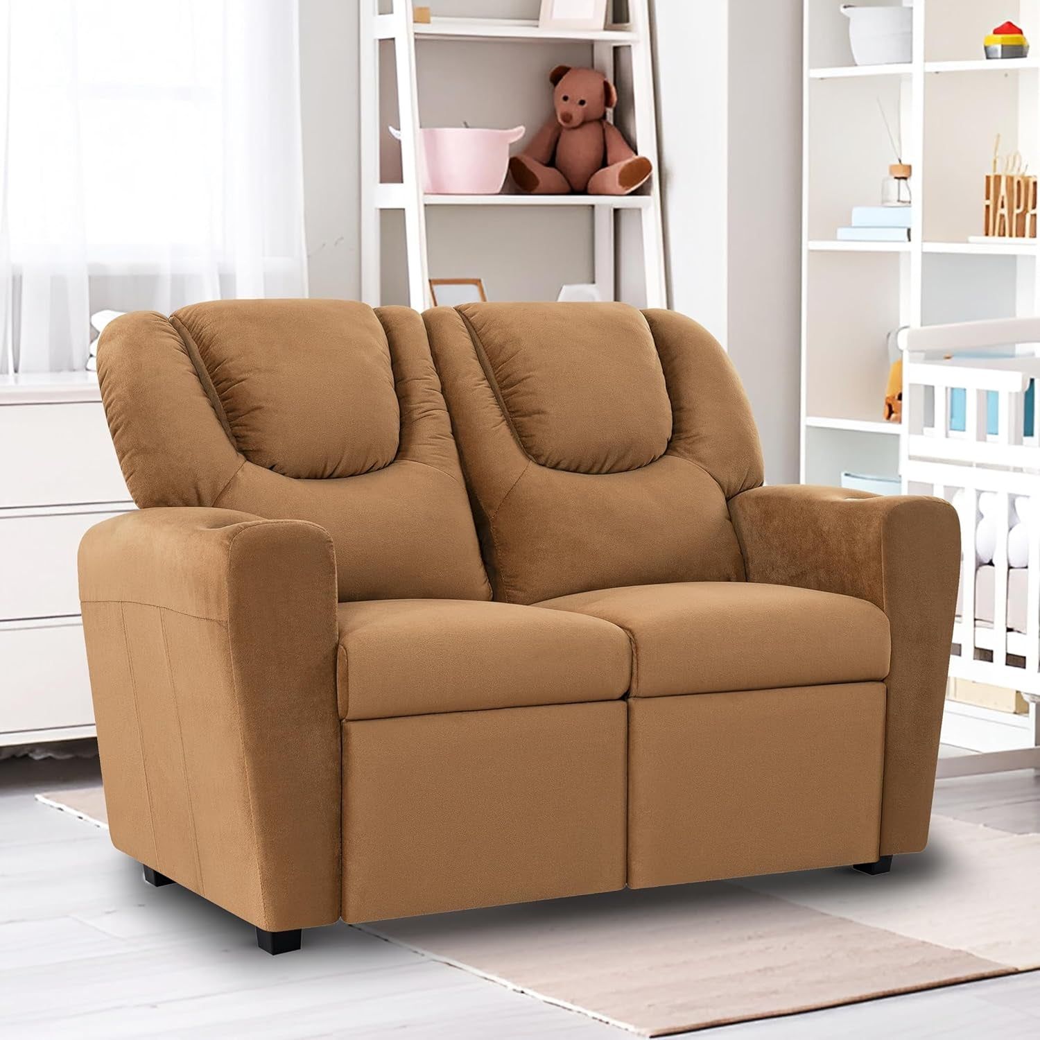Suri Kids Recliner Loveseat – Spacious Toddler Recliner Chair Ages 3-5 with Cup Holders, Push-Back Function, and Adjustable Footrest - Brown