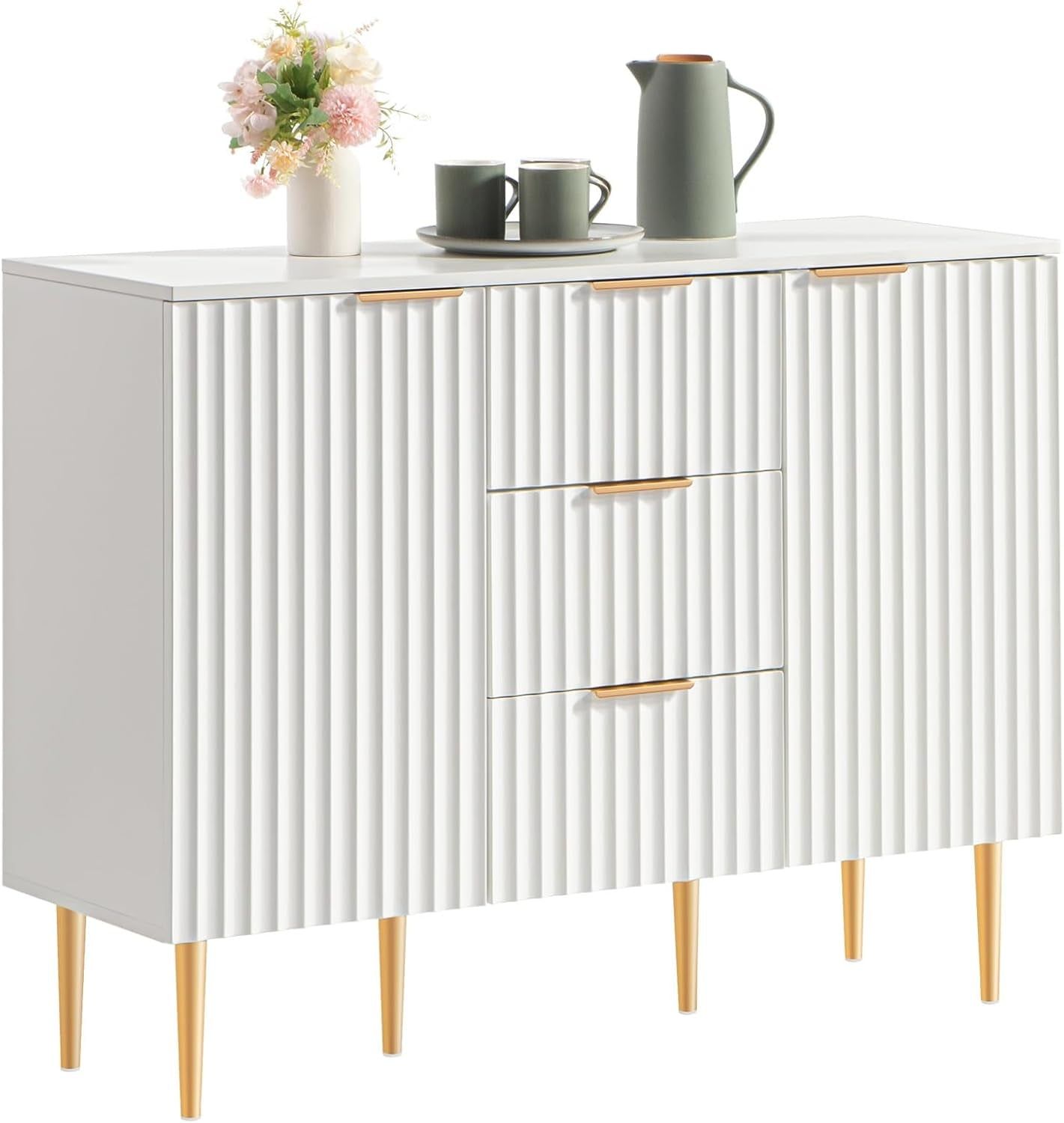White Sideboard Cabinet with 3 Drawers, Glossy Fluted Buffet Storage Cabinet with Adjustable Shelves, Buffet Sideboard Credenza Accent Cabinet with Doors for Kitchen, Living Room (1 Piece)