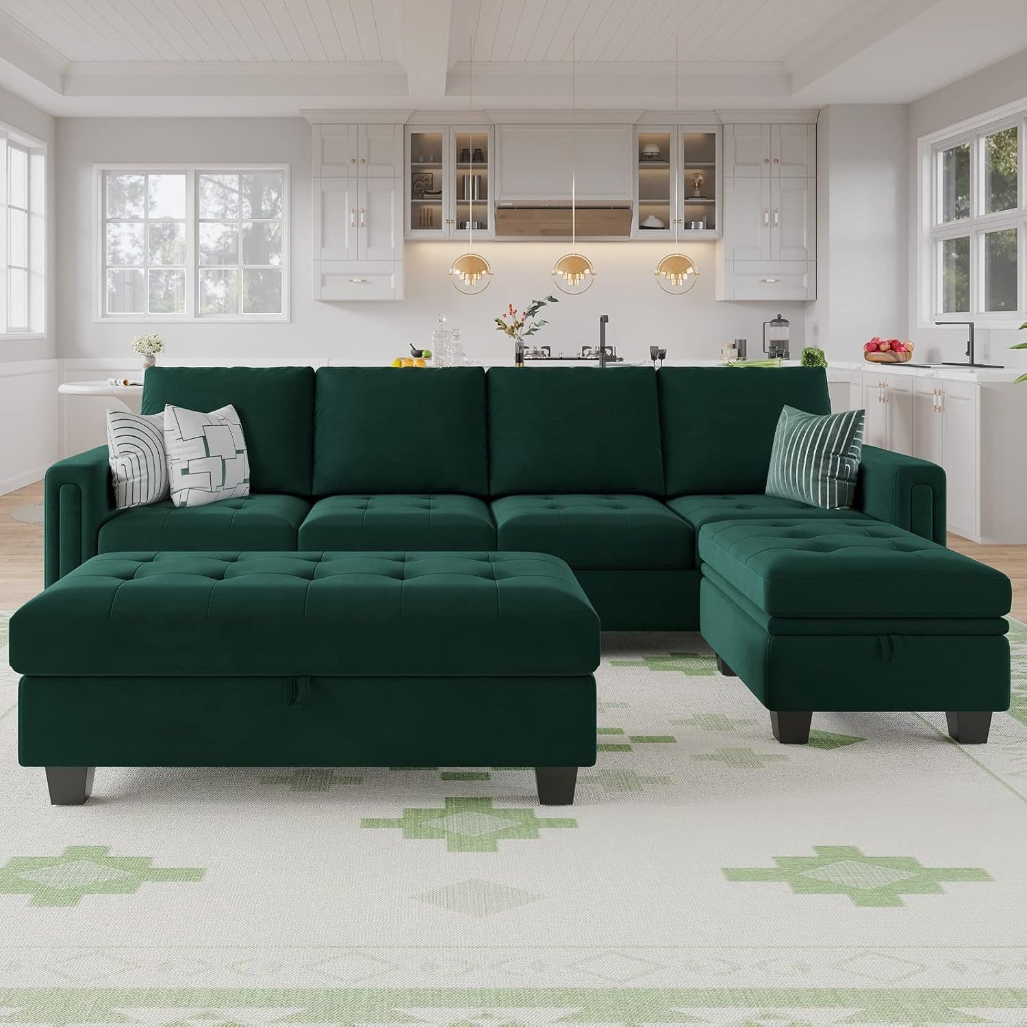 Velvet Convertible 4-Seat Sectional Sofa with Reversible Chaise L Shaped Sofa Couch Furniture Sets Sectional Couch with Storage Ottoman Green
