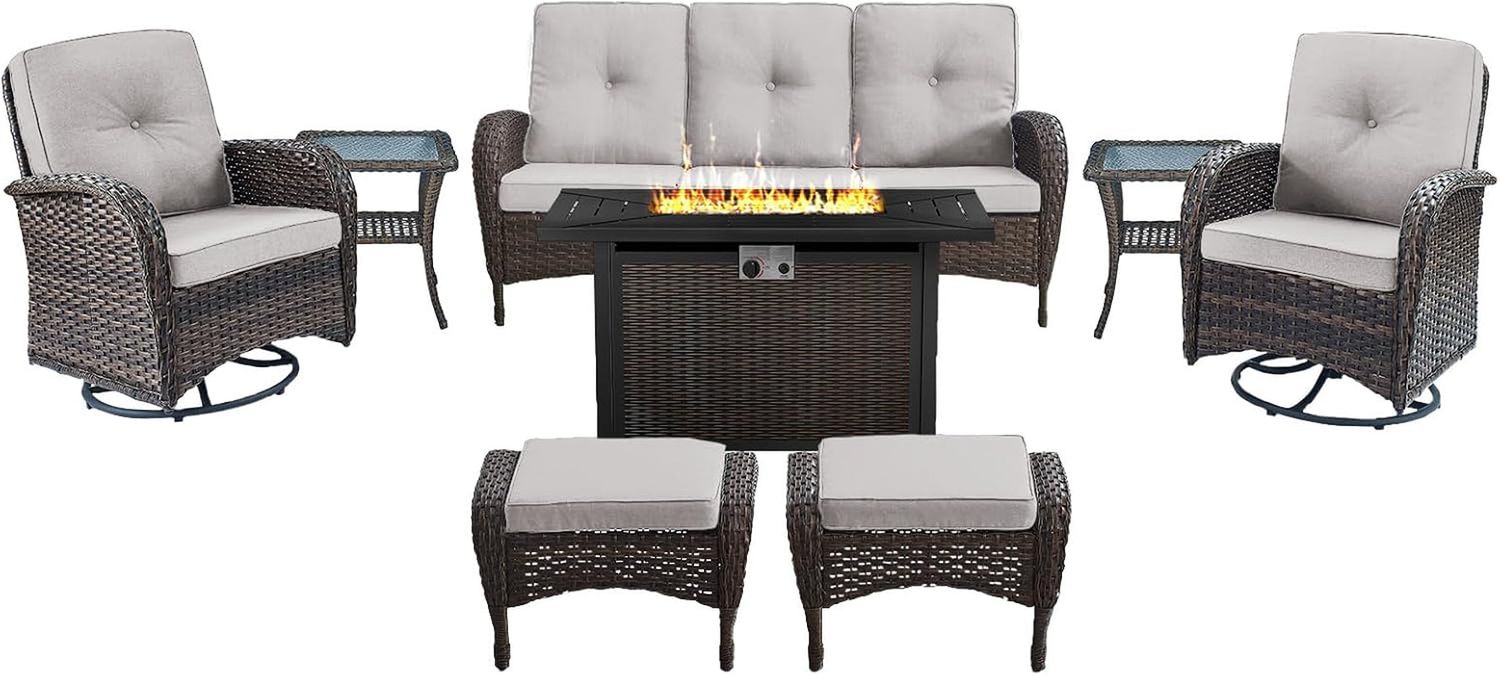 8 Piece Patio Furniture Set with 50000 BTU Propane Fire Pit Table, Outdoor Conversation Set with 2 Swivel Rocker Chairs Wicker Sofa and Ottomans for Casual Gatherings Beige Cushion