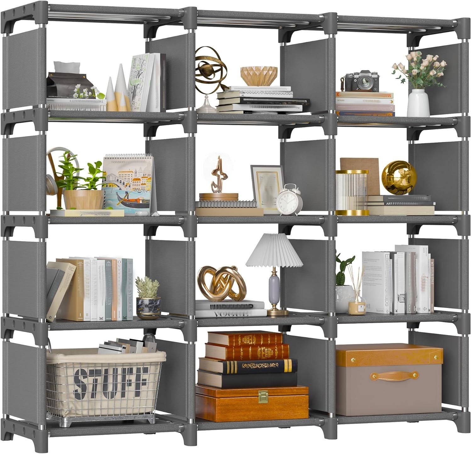 Book Shelf, DIY Tall Bookcases, 12 Grey Cube Storage Organizers for Bedroom Office Living Room Closet, 11.81&quot; D X 47.21&quot; W X 47.21&quot; H