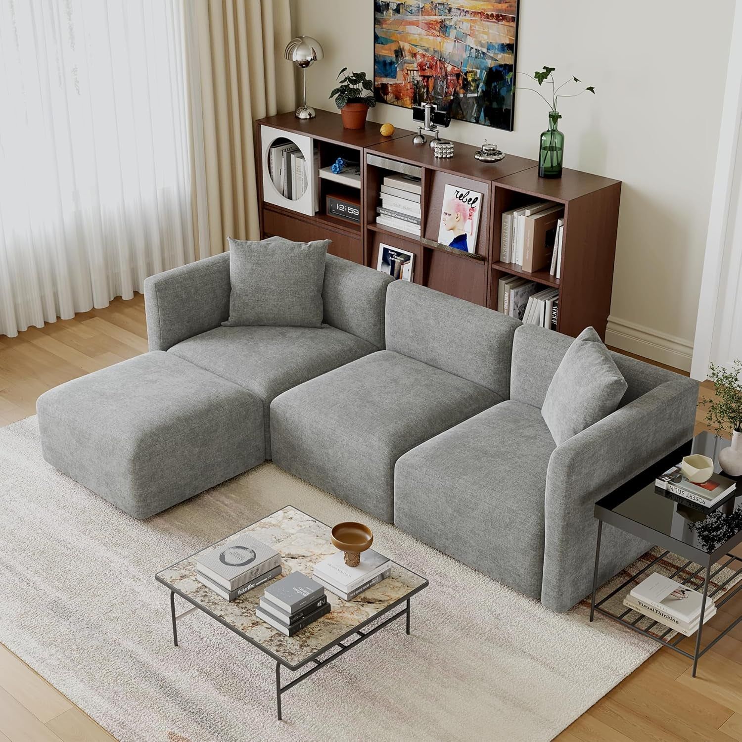 Luxury L-Shaped Upholstery Convertible Modular Sectional Sofa, Contemporary Reversible Couch with Chaise Lounge for Living Room, Apartment, Linen-Like Grey