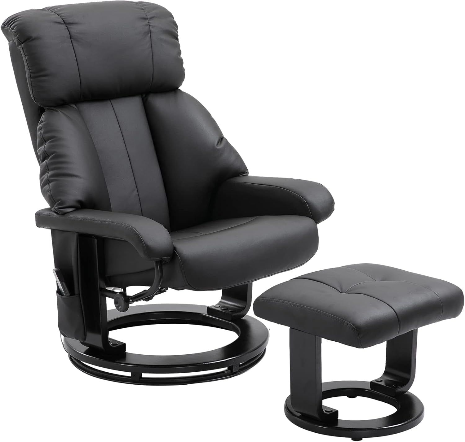 Massage Recliner Chair with Ottoman, 360° Swivel Recliner and Footstool, 10 Point Vibration, PU Leather Reclining Chair with Side Pocket and Remote Control, Black
