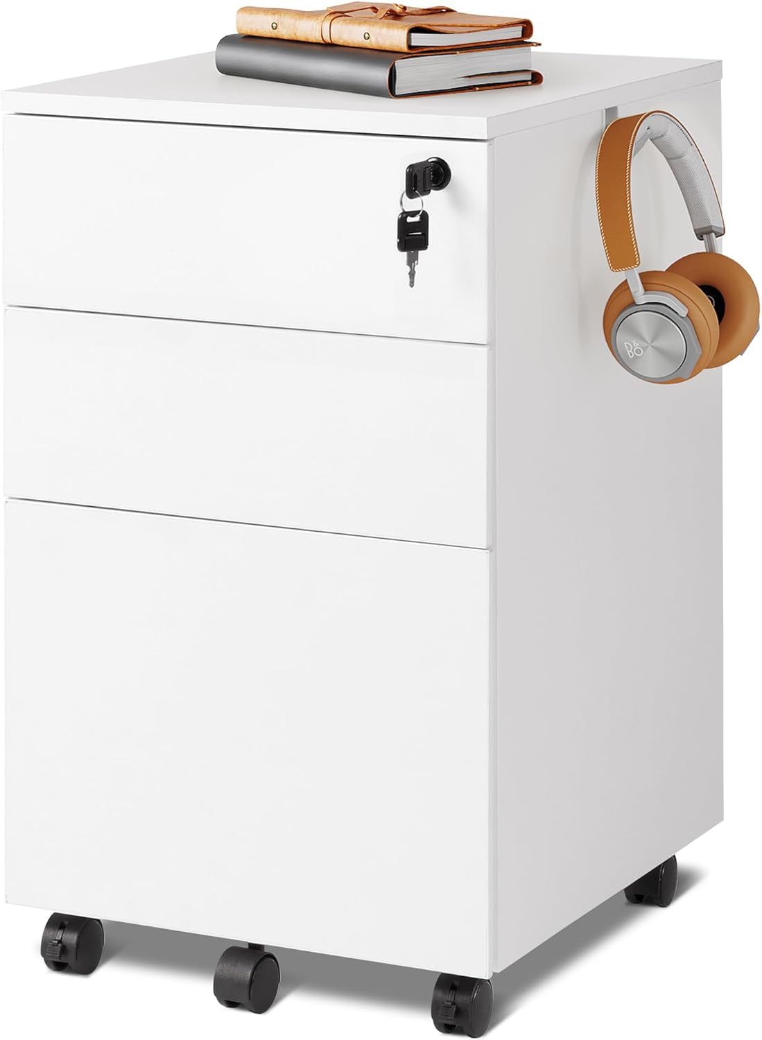 3 Drawer Rolling File Cabinet with Lock, Wood under Desk Filing Cabinet Fits Letter/Legal/A4 Size for Home Office, White