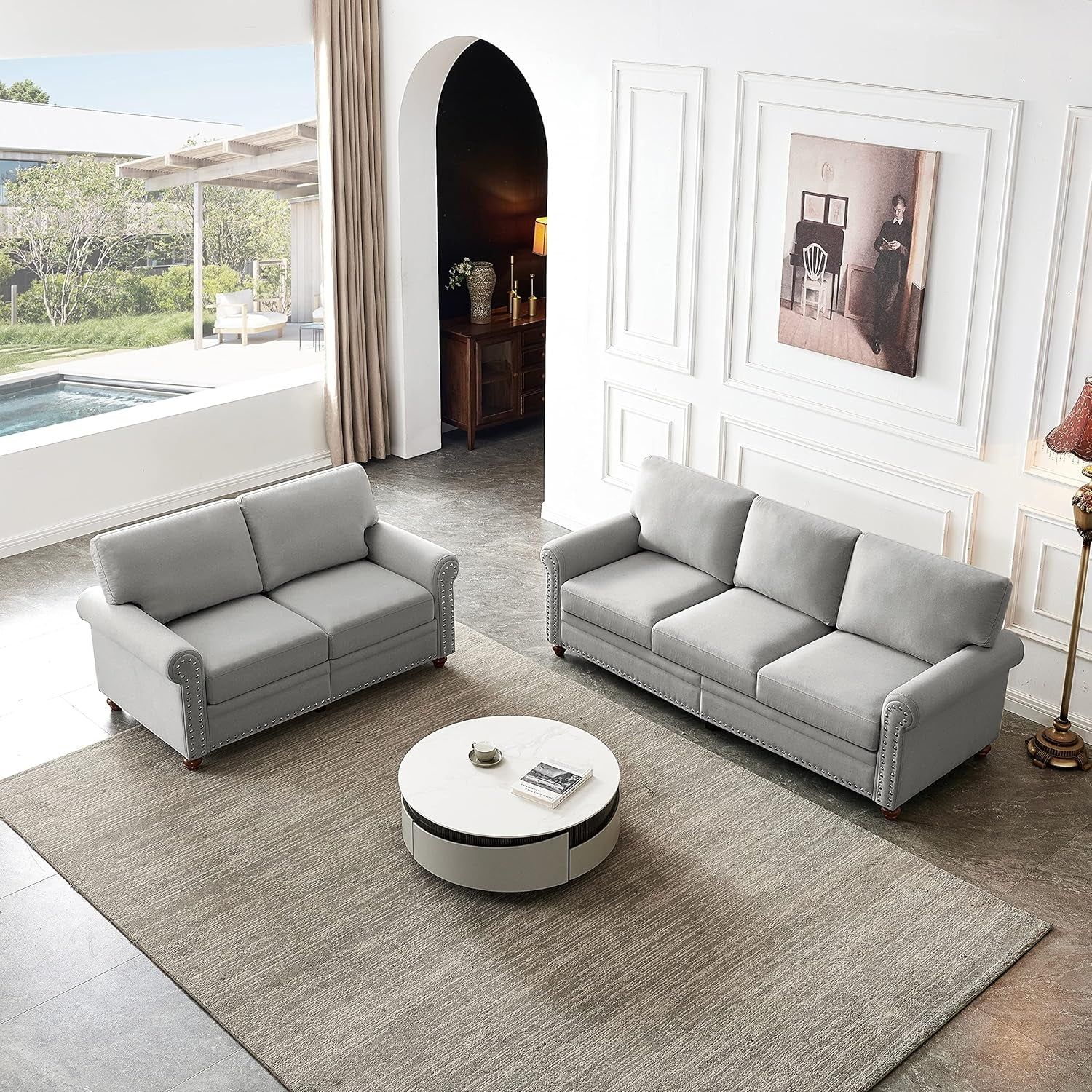 2-Piece Sofa Set Couch and Loveseat Set 2+3 Seater Sofa Set with Storage Space &amp; Solid Wood Legs, 2-Piece Living Room Set Linen Upholstered Couch Set for Living Room (Grey)