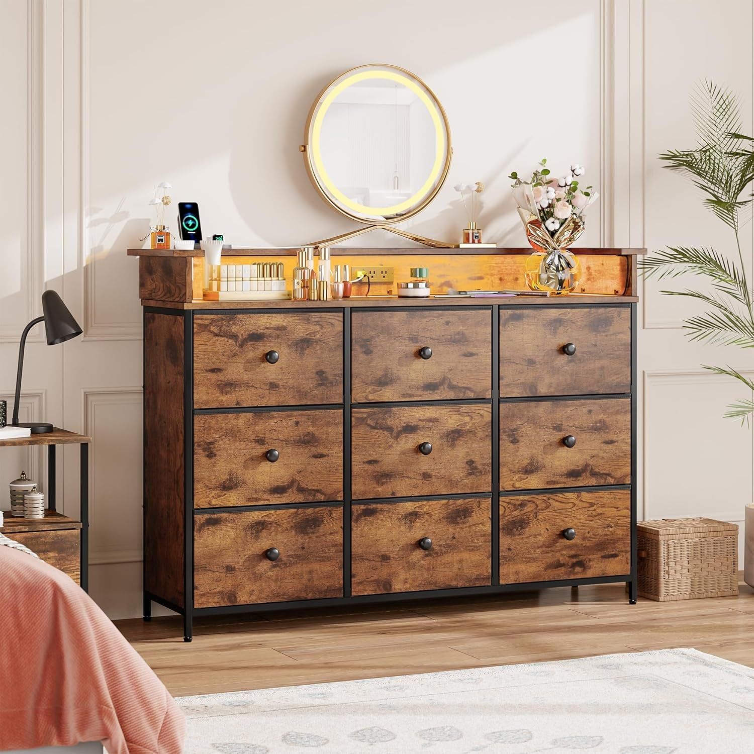 Dresser with Led Lights,Tv Stand for Bedroom with Charging Station,9 Drawer Fabric Dresser for Bedroom Hallway,Brown Dresser Chests of Drawers(Rustic Brown)
