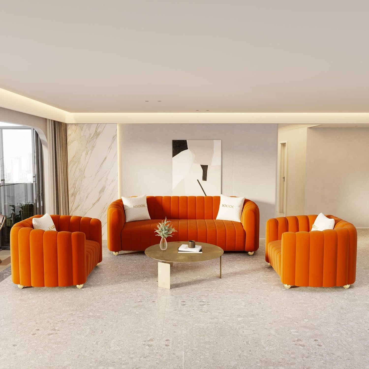 KEAI Velvet Tufted Sofa Set for Living Room, Modern Design Couch Set with Gold Metal Ball Legs, Lovely Upholstered Sherpa Furniture Set for Office (Orange, 1+1+3 Set)