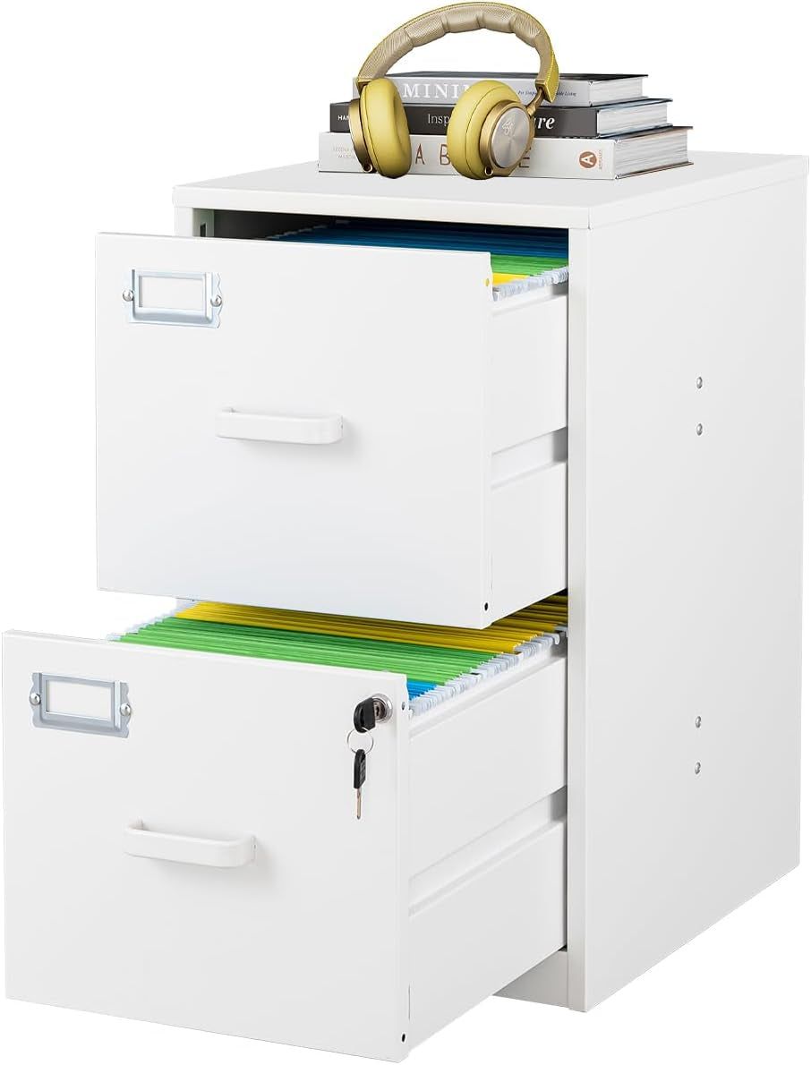 2 Drawers File Cabinet White Metal Vertical Filing Cabinets Metal Lockable Storage Cabinets with Lock for Home Office to Hanging Files Letter/Legal Size