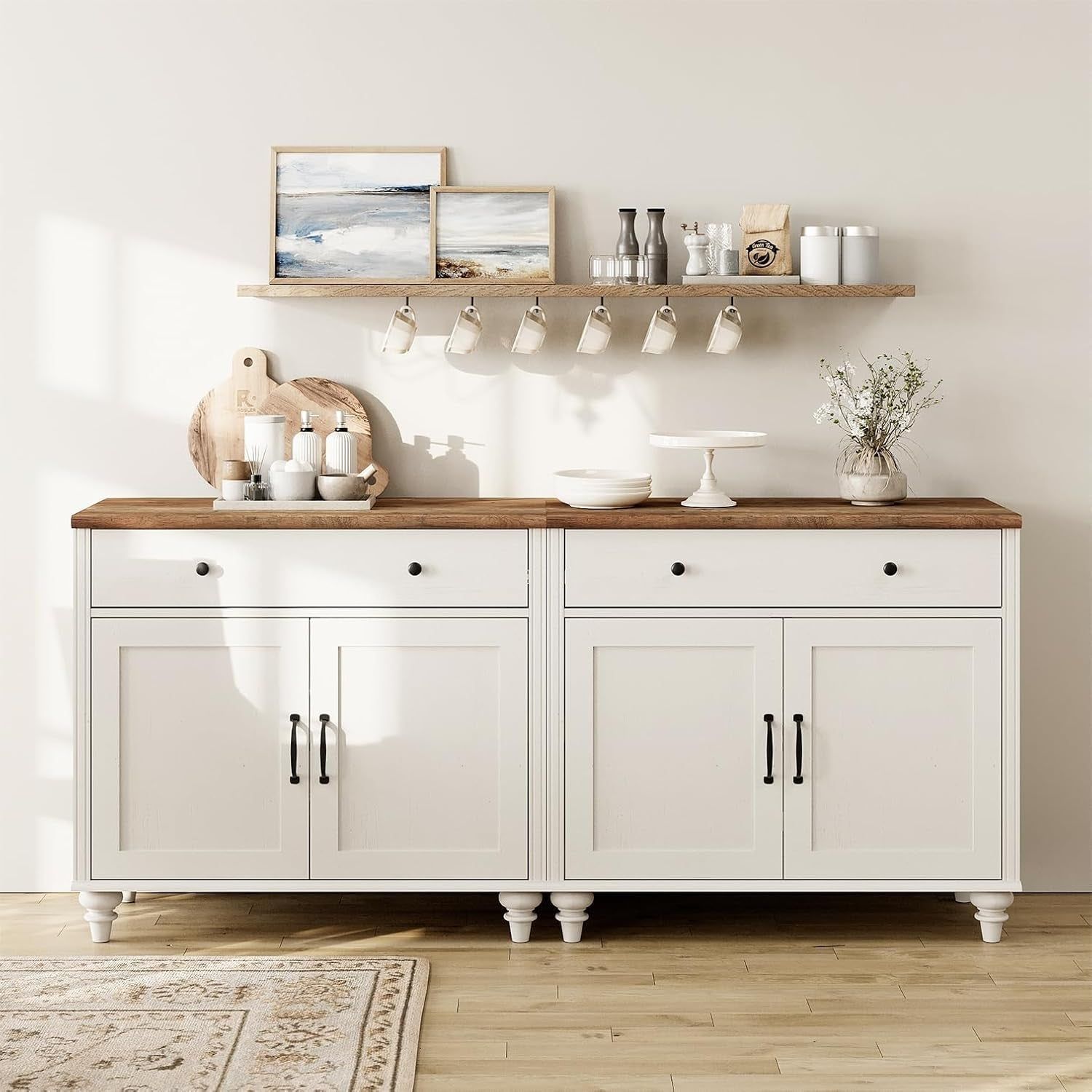 WAMAPT Buffet Cabinet with 4 Doors and 2 Drawers, Large Coffee Bar Tables Wood Kitchen Storage Cabinets with Storage Cabinets, Modern Farmhouse Sideboard Credenza for Dining Room, off White, 68 Inch