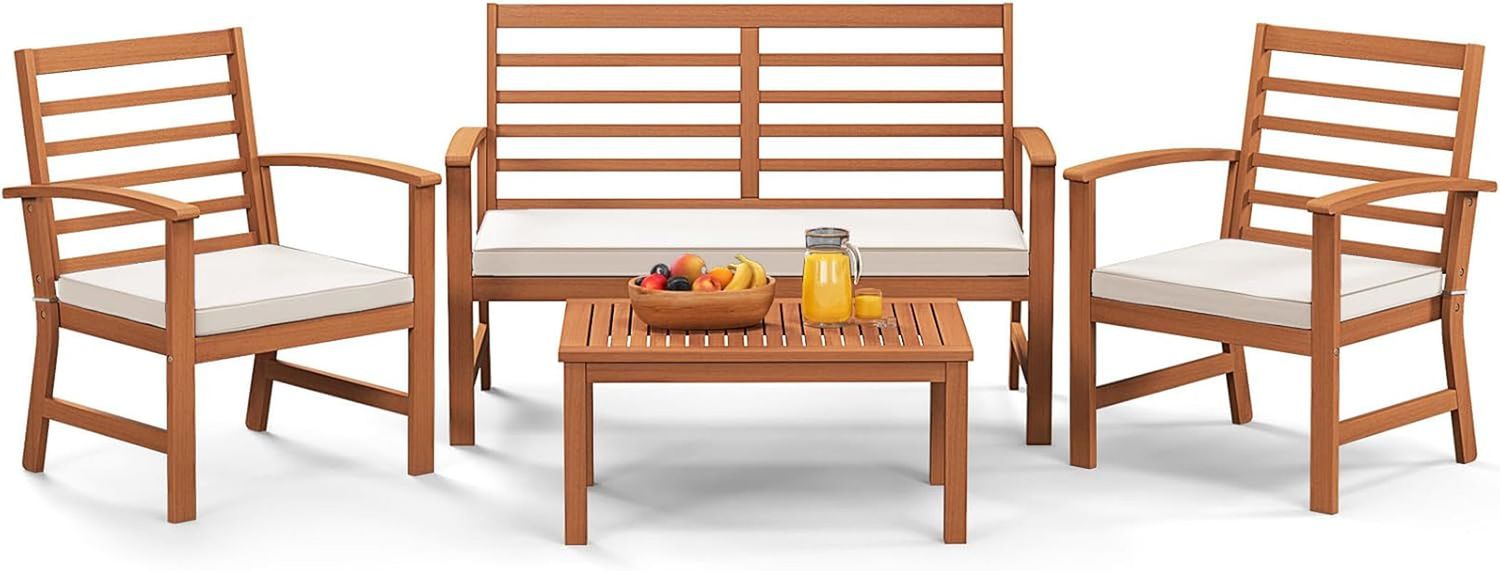 4 Pieces Outdoor Furniture Set, Acacia Wood Conversation Set W/Soft Seat Cushions, Stable Acacia Wood Frame, Patio Sofa &amp; Coffee Table Set for Backyard, Porch, Poolside (White)