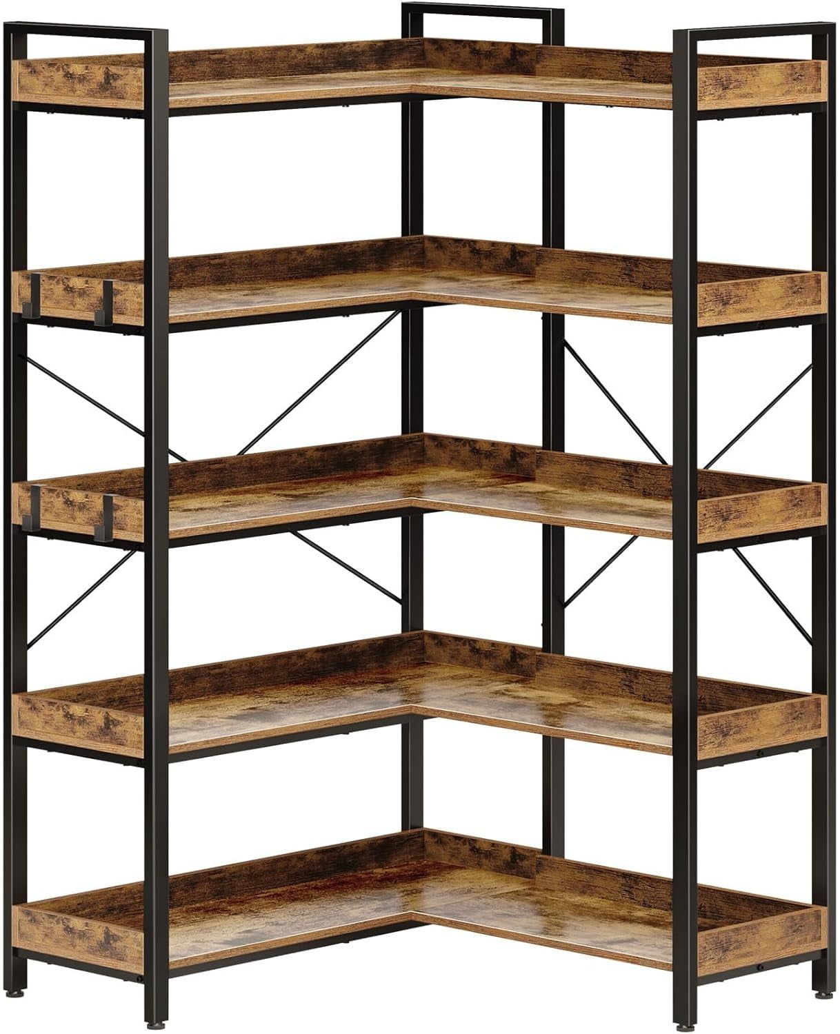 Bookshelf 5 Tier with 4 Hooks, Reversible Corner Bookshelf, 65&quot; Industrial Wooden Bookcase with Open Shelves and Metal Frame for Living Room, Bedroom, Home Office, Rustic Brown