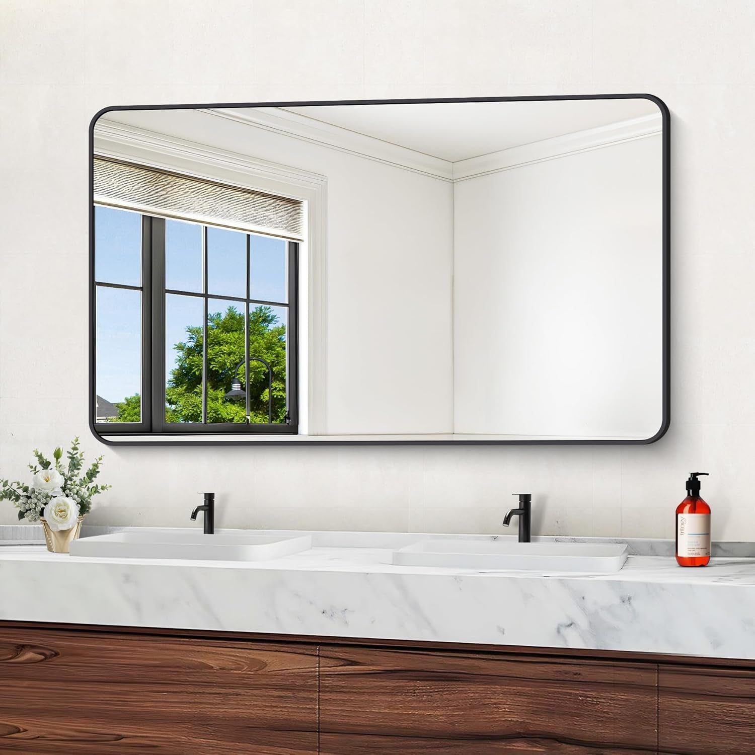 60&quot; X 36&quot;Bathroom Mirror, Matte Black Wall Mirror with Metal Frame, Decorative Rectangular Vanity Mirror for Bedroom Bathroom Living Room Entryway (Horizontal/Vertical)