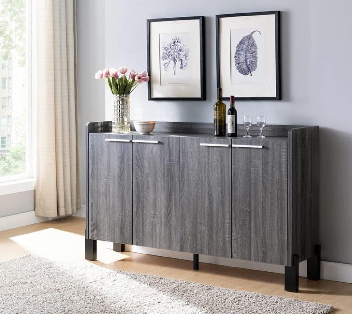 62″ Large Dining Server Cupboard Buffet Console Table in Distressed Black