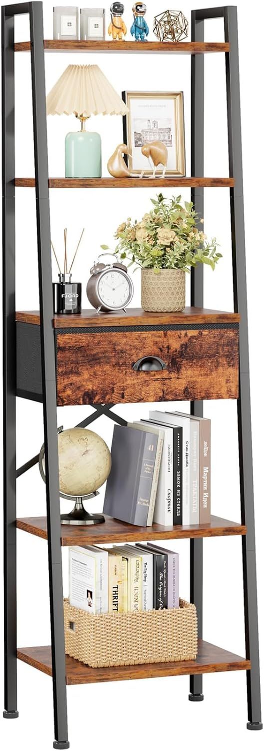 5 Tier Ladder Shelf, Tall and Narrow Bookshelf with Drawer,Standing Bookcase Units, Industrial Open Display Shelves Organizer for Bedroom, Living Room, Kitchen, Rustic Brown