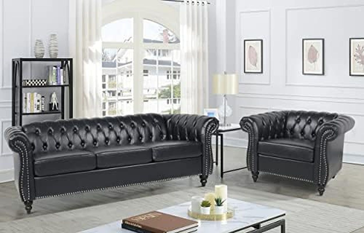 Modern 2 Pieces Living Room Sofa Set, Contemporary Tufted Button Faux Leather Chesterfield Three-Seater Couch and Accent Club Chair with Nailhead Trim Scroll Arms for Home Furniture (Black)