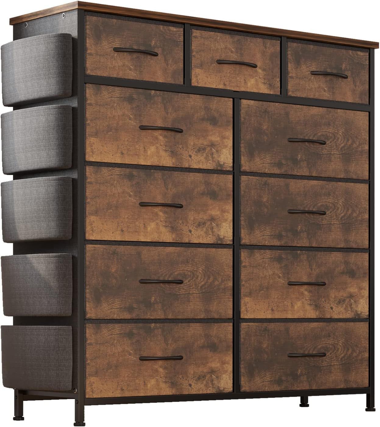 Dresser for Bedroom with 11 Drawer, Dressers &amp; Chests of Drawers with Side Pockets, Hooks, Fabric Storage Drawer, Steel Frame, Wood Top, Organizer Unit and Pull Handle for Closet.