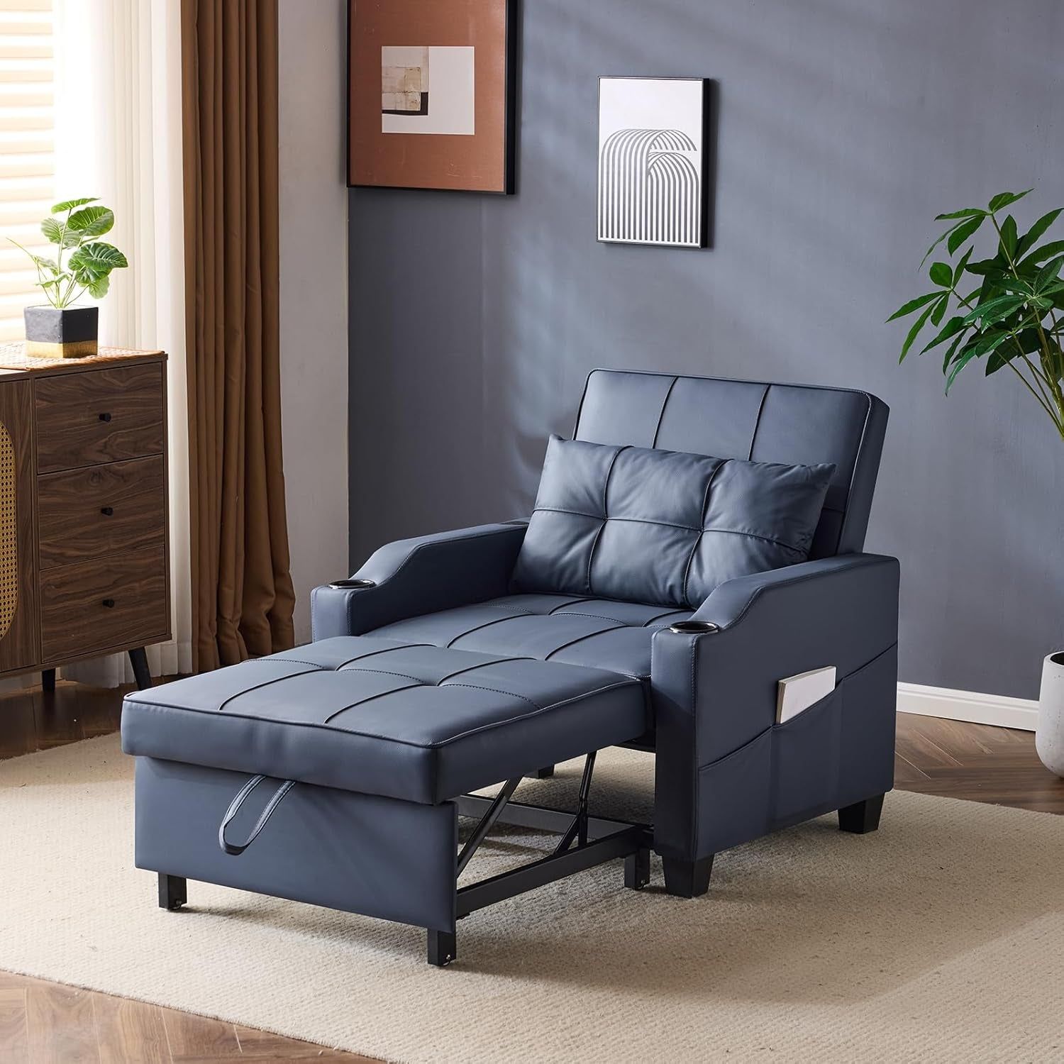 Sofa Bed Chair Recliner, 3-In-1 Convertible Sleeper Sofa Chair Bed Blue Daybed Pull Out Couch Bed with Adjustable Backrest, USB Ports, Cup Holders for Small Spaces Living Room