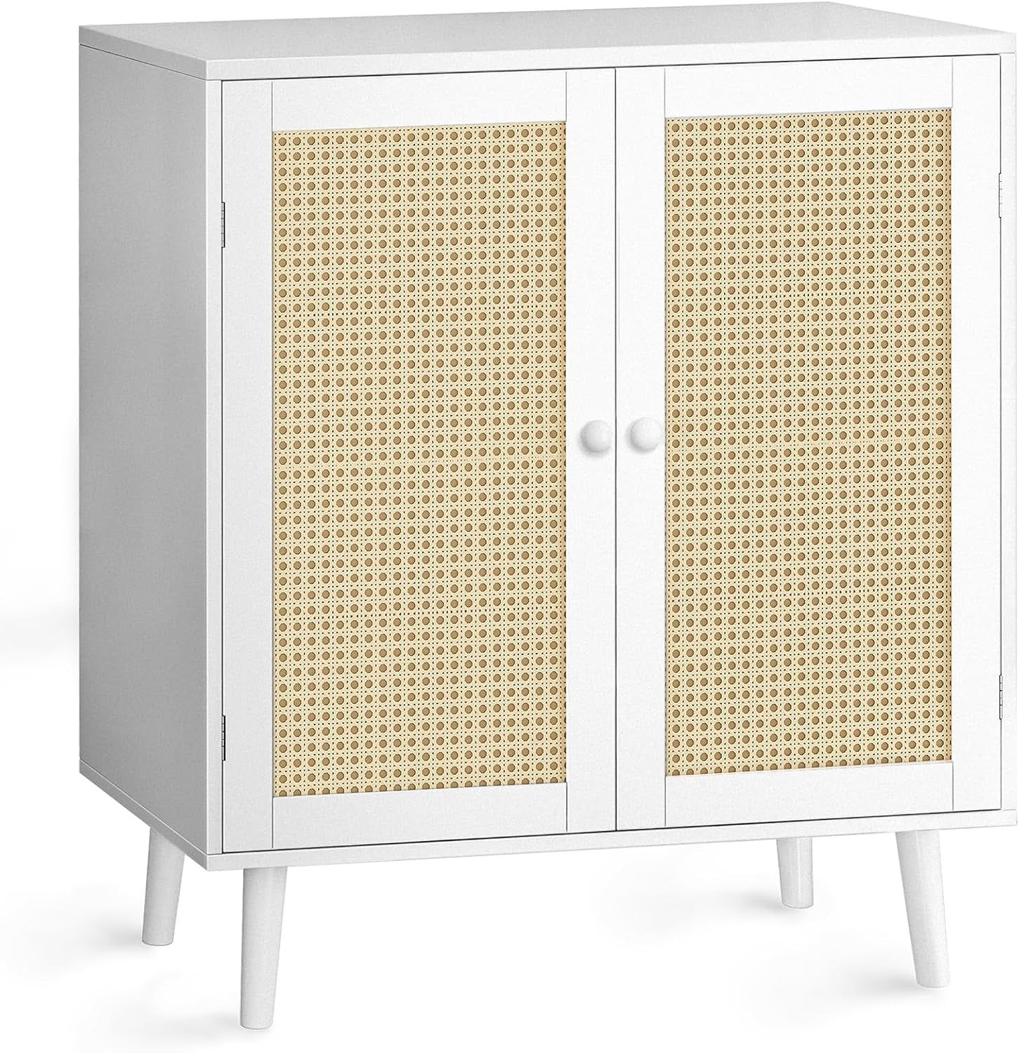 Buffet Cabinet with Storage, Storage Cabinet with PE Rattan Decor Doors, Accent Cabinet with Solid Wood Feet, Sideboard Cabinet for Hallway, Entry, Living Room, White