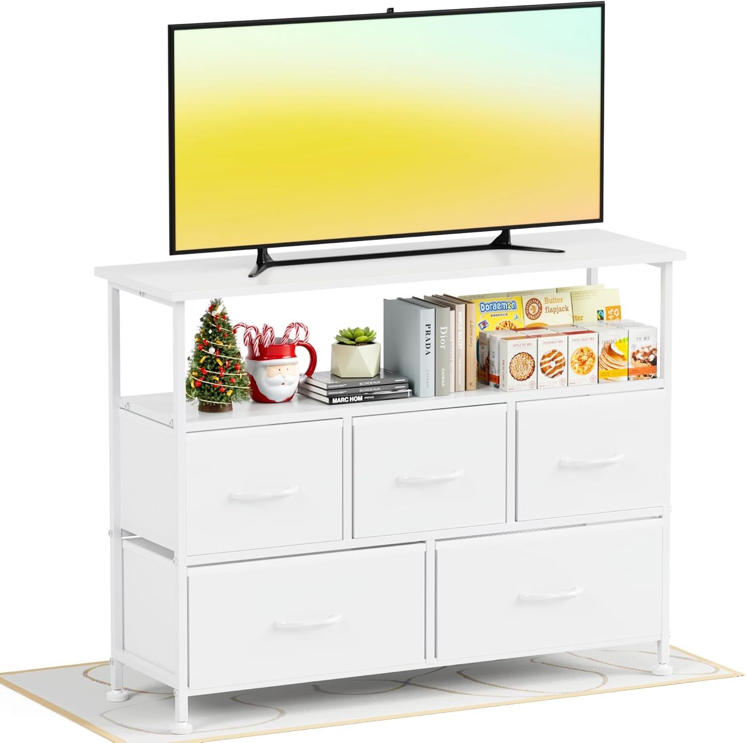 TV Stand Dresser for Bedroom Entertainment Center with 5 Fabric Drawers, Storage Organizers Units for Living Room, Media Console Table with Open Shelf up for 45&quot; TV, White, Wood Top