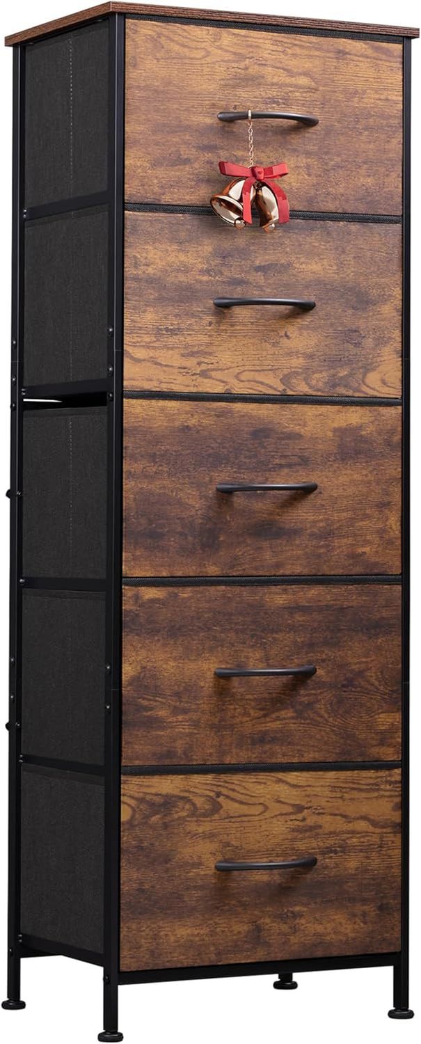 Fabric Dresser, 5-Drawer Tall Dresser for Bedroom, Storage Dresser Organizer with Fabric Bins, Wood Top, Sturdy Steel Frame, Chest of Drawers for Closet, Hallway, Rustic Brown Wood Grain Print