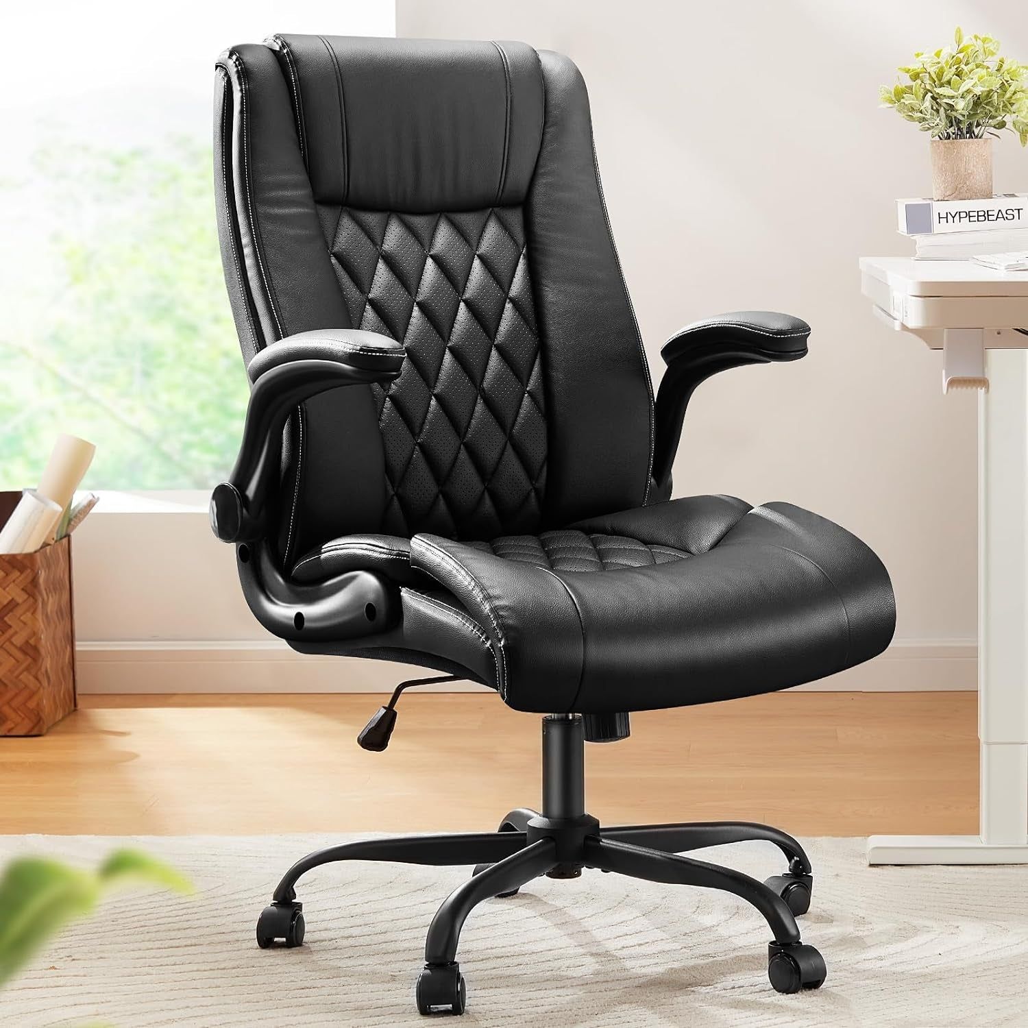 Executive Office Chair with Flip-Up Armrests,Pu Leather Ergonomic Desk Chair Height-Adjustable Swivel Rolling Computer Desk Chair,Black