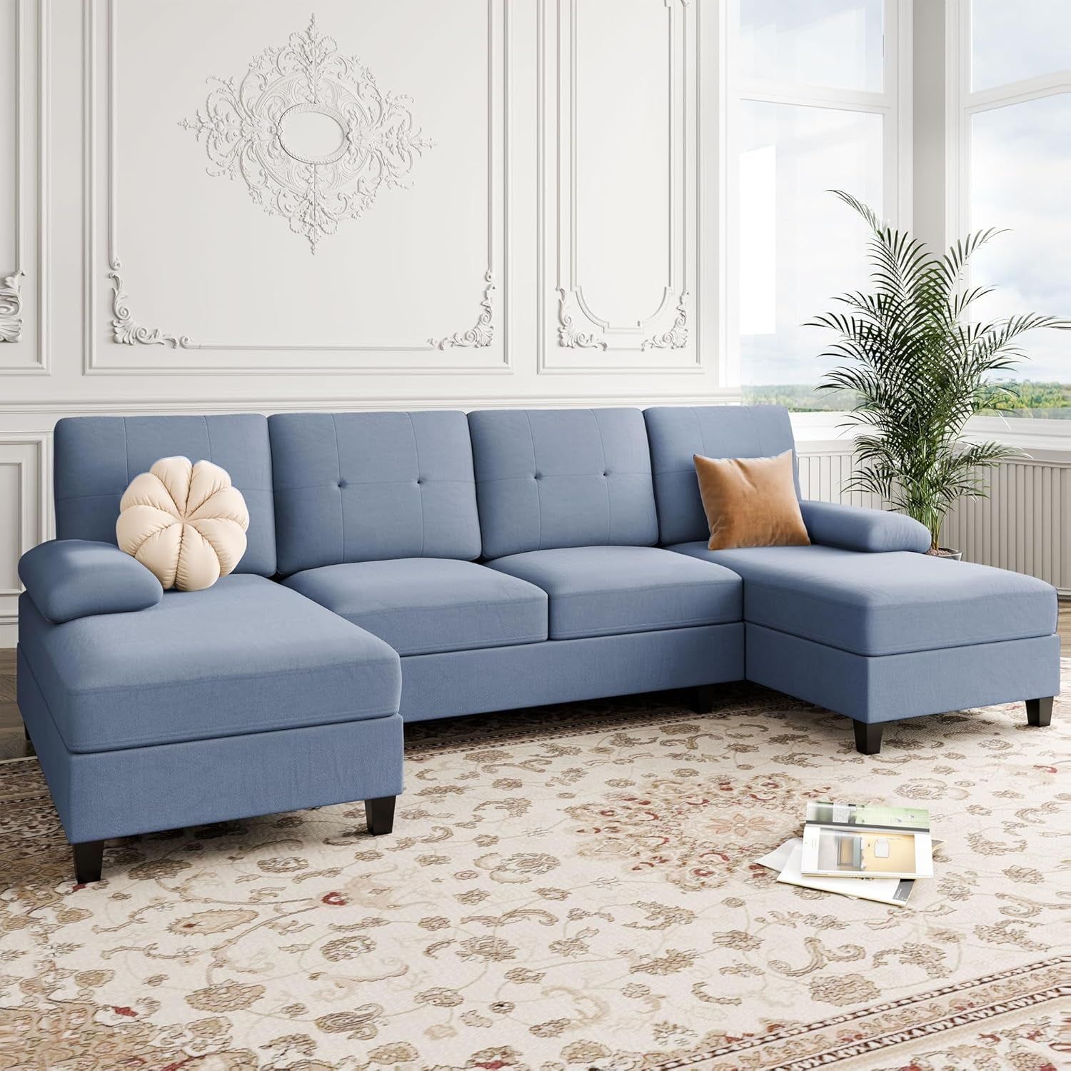 U-Shaped Sectional Sofa with Double Chaise, 4-Seat Linen Fabric Living Room Furniture Set, High-Density Cushions for Ultimate Comfort &amp; Modern Style, Blue