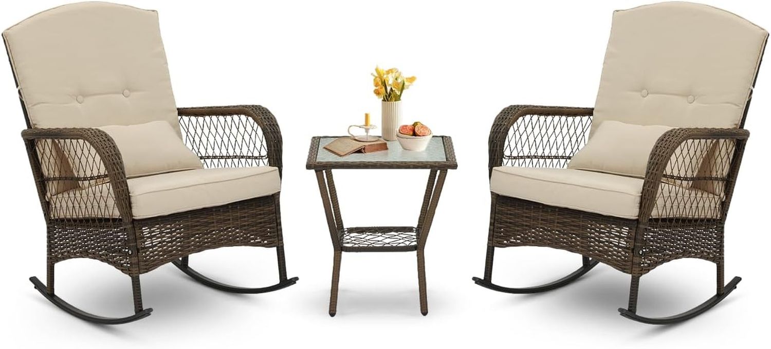 3 Piece Rocking Bistro Set Wicker Outdoor Patio Chairs Rattan Conversation Sets with Coffee Table for Patio, Porch, Backyard, Balcony, Poolside and Garden (Beige)