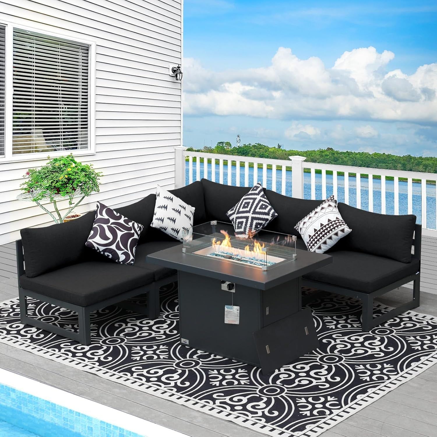 ® Modern Large Grey Aluminum Outdoor Patio Furniture Set with Fire Pit Table, 29&#39;&#39; Deep Wide Seating Conversation Sofa L Shaped Sectional Couch Set (6 Pieces, 5 Seats)