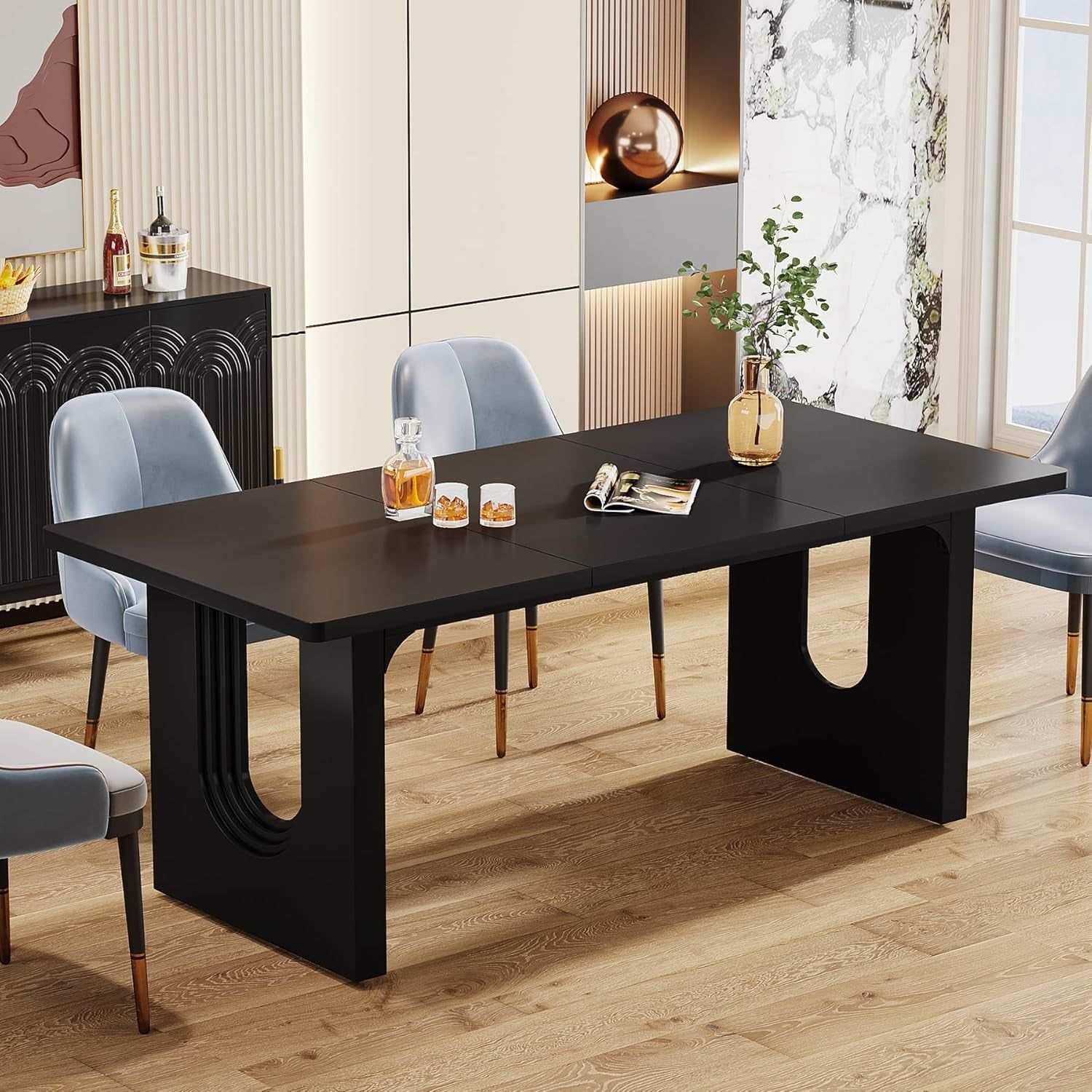 Modern Dining Table for 6 People, 71&quot; Large Kitchen Dining Table with Wood Pedestal Base, Rectangular Long Dinner Table for Kitchen, Dining Room, Living Room, Black