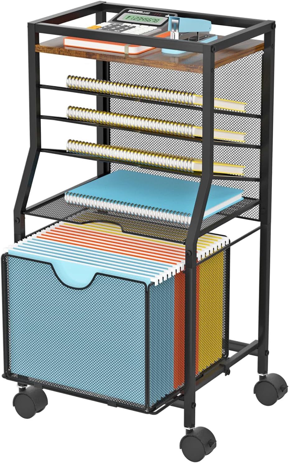 Rolling File Cart, 6-Tier under Desk Organizer on Lockable Wheels, Brown Wood Planks &amp; Mesh File Cart with Sliding Drawer and Paper Trays for Office Home School, 14.8&quot; L X 11.8&quot; D X 27.7&quot; H