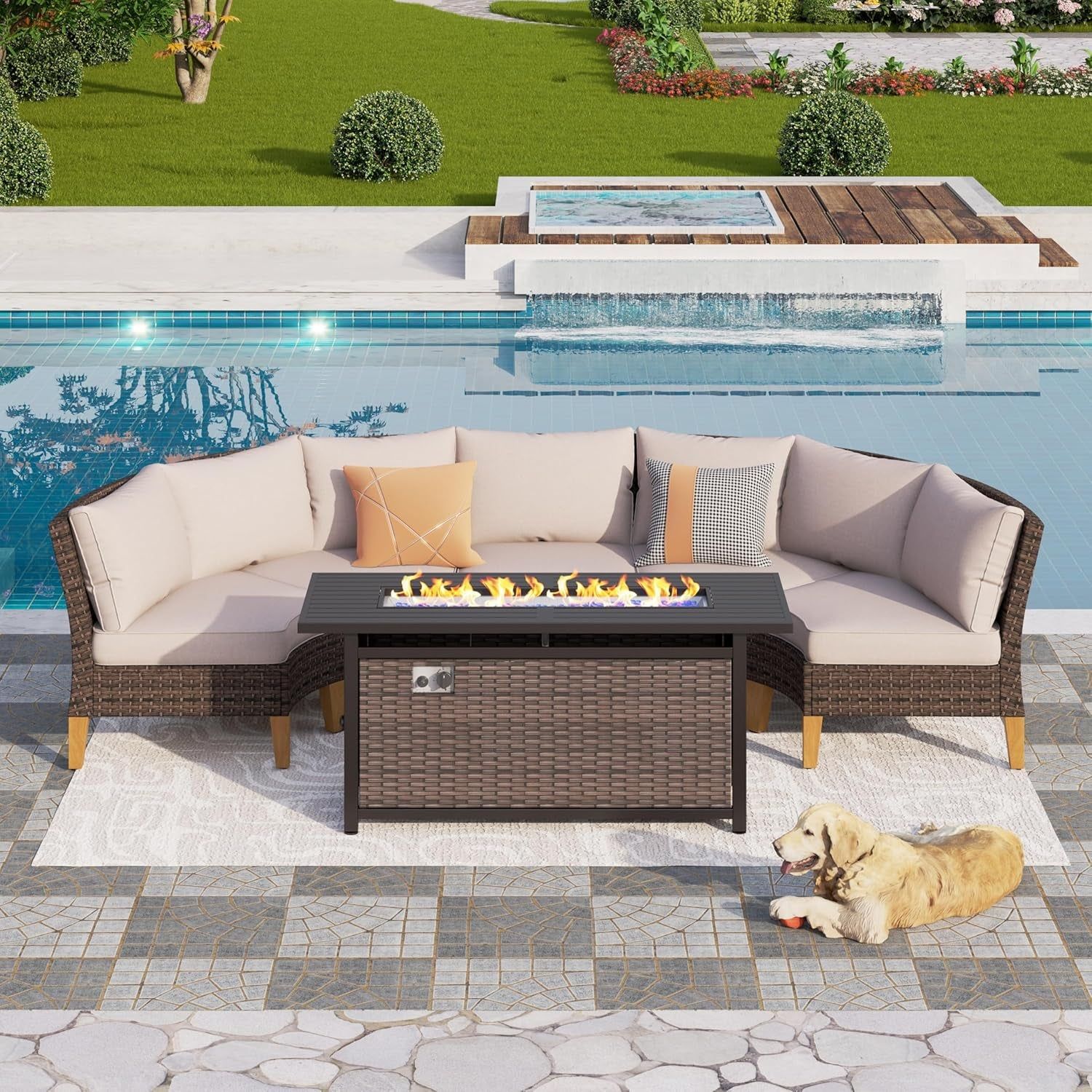 6-Piece Outdoor Patio Conversation Set with 56&quot; Gas Fire Pit Table, Half-Moon Curved Sectional Sofa Outdoor Rattan Furniture Patio Set for 5 Seats with Cushioned, Beige