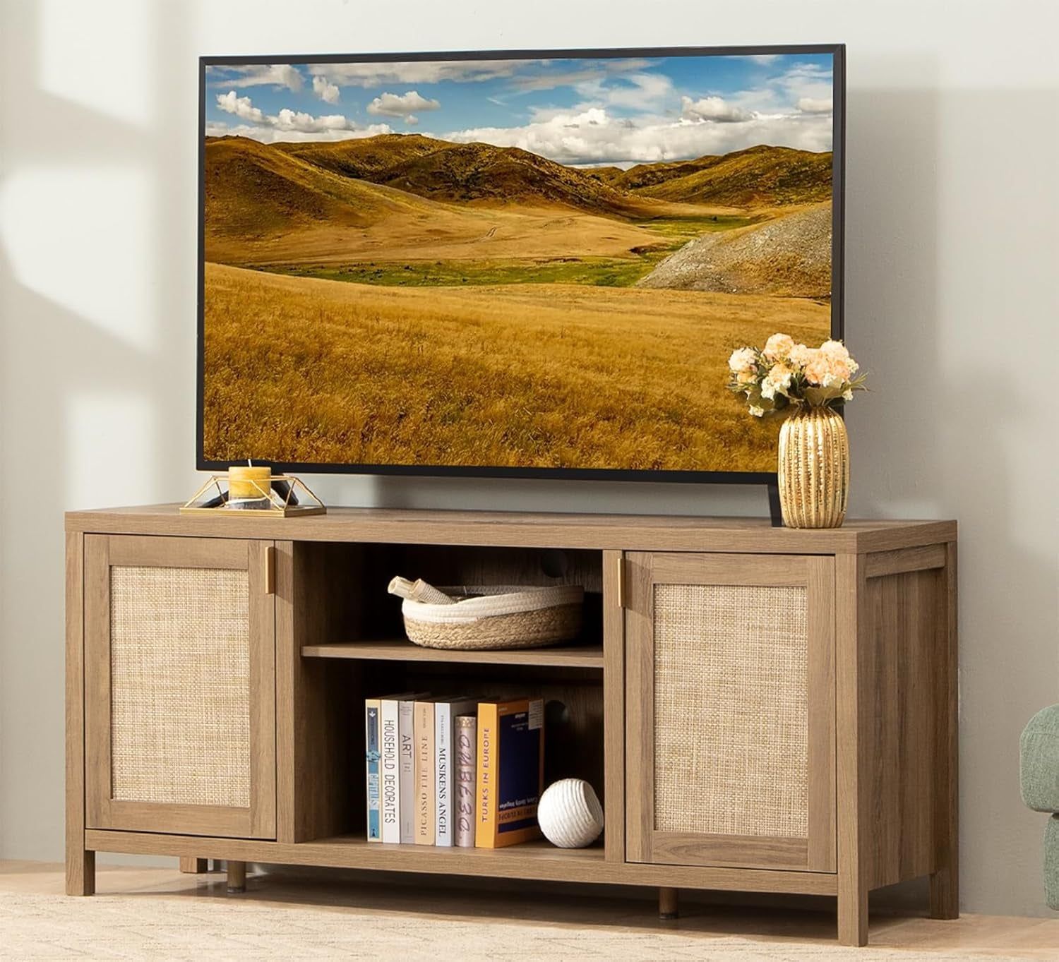 TV Stand for Living Room : Rattan TV Console Cabinet with Storage and Shelf, Boho Entertainment Center, 59&quot; Media Console for 55, 65 Inch TV, 26&quot; Tall Wood Television Stands, Oak