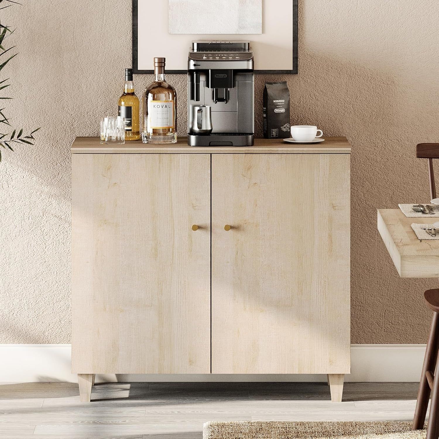 Sideboards Buffet Cabinet, 35.4&quot; Wide Wooden Credenza Storage Cabinet with 2 Doors, Modern Kitchen Accent Cabinet with 3 Compartments for Living Room, Hallway, Light Oak