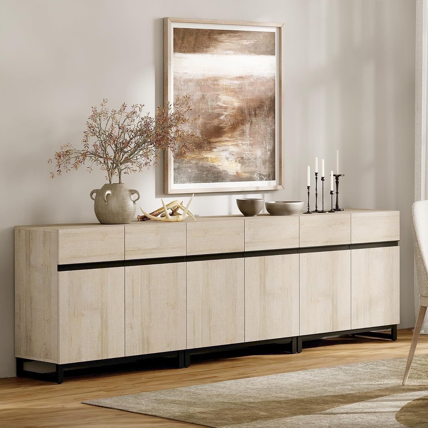3 in 1 Multifunctional Sideboard Buffet Cabinets, Modern Sideboard with Adjustable Shelf and Metal Base, Coffee Bar Cabinet Storage Cabinet for Living Room,Kitchen,Light Oak