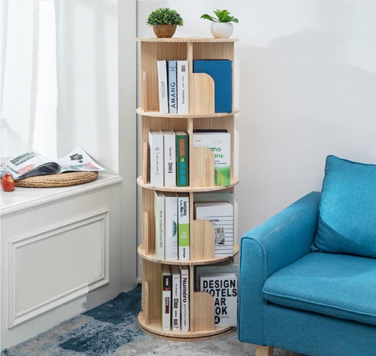 Rotating Bookshelf 360 Display 4 Tier Floor Standing Bookcase Storage Rack for Kids&amp;Adults Solid Wood Bookshelf Organizer