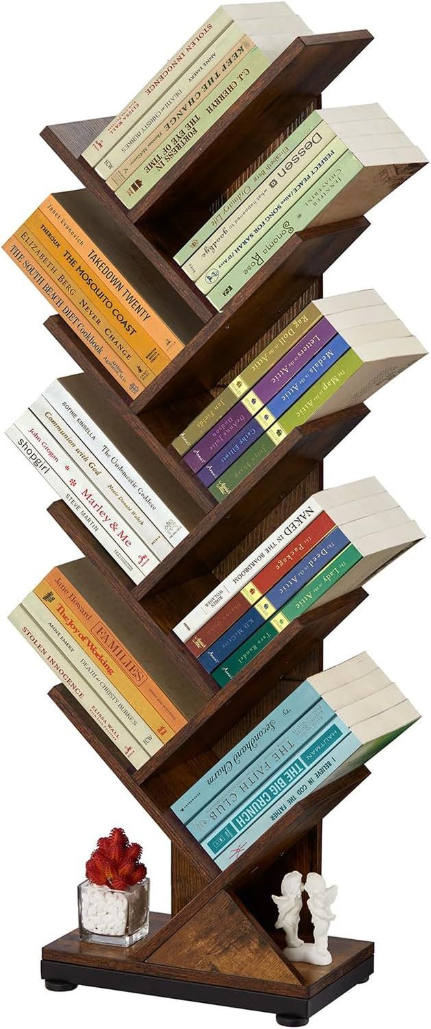 8 Tier Tree Bookshelf,8 Shelf Floor Standing Bookcase Display for Cds/Magazine/Books, Retro Bookshelf for Bedroom, Living Room, Office,Balcony,Book Organizer Storage Shelves