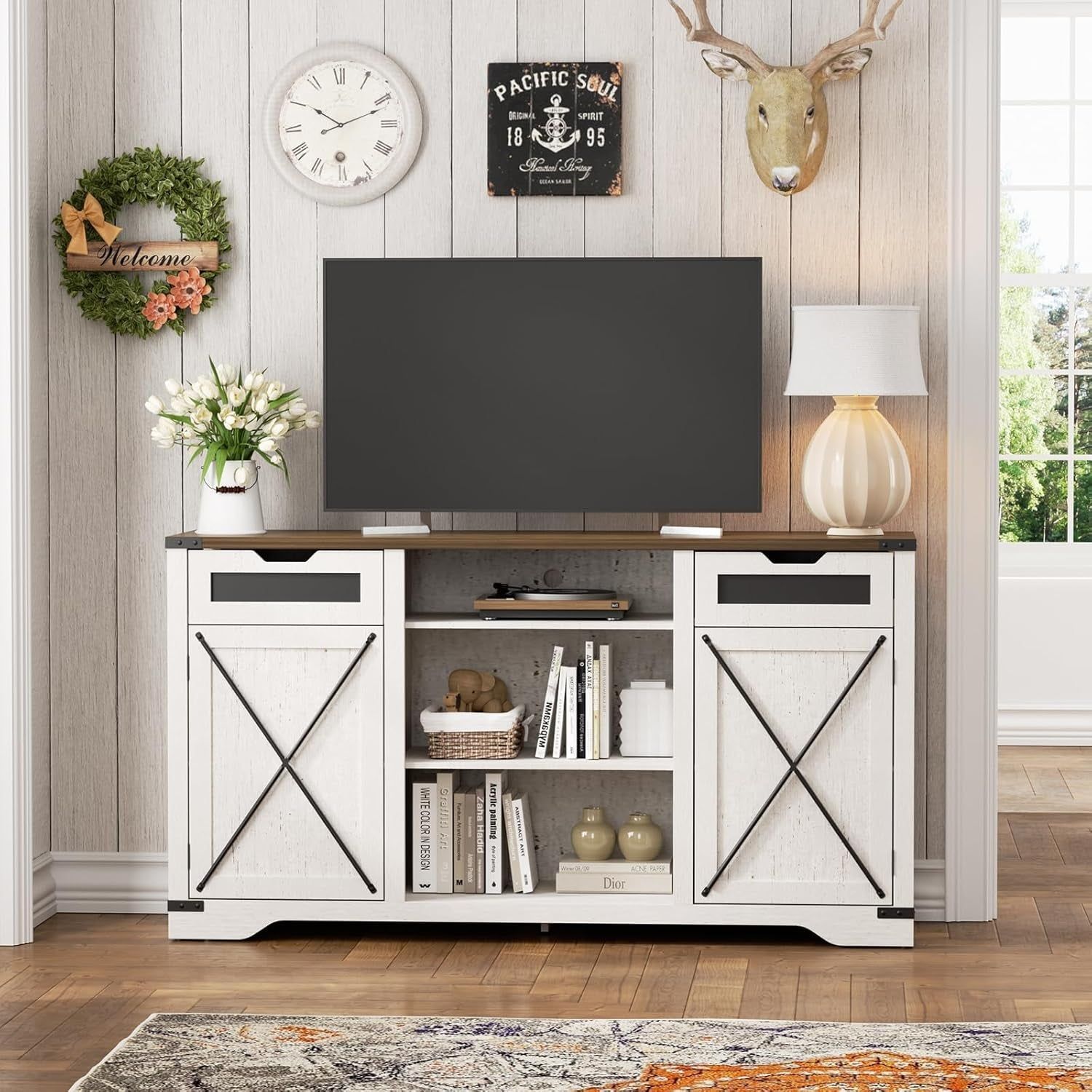 Tall TV Stand, White Entertainment Center with Storage Cabinets for 65 Inch TV, 60&#39;&#39; Modern Media Console Table with Drawers and Adjustable Shelves, Television Stands for Living Room